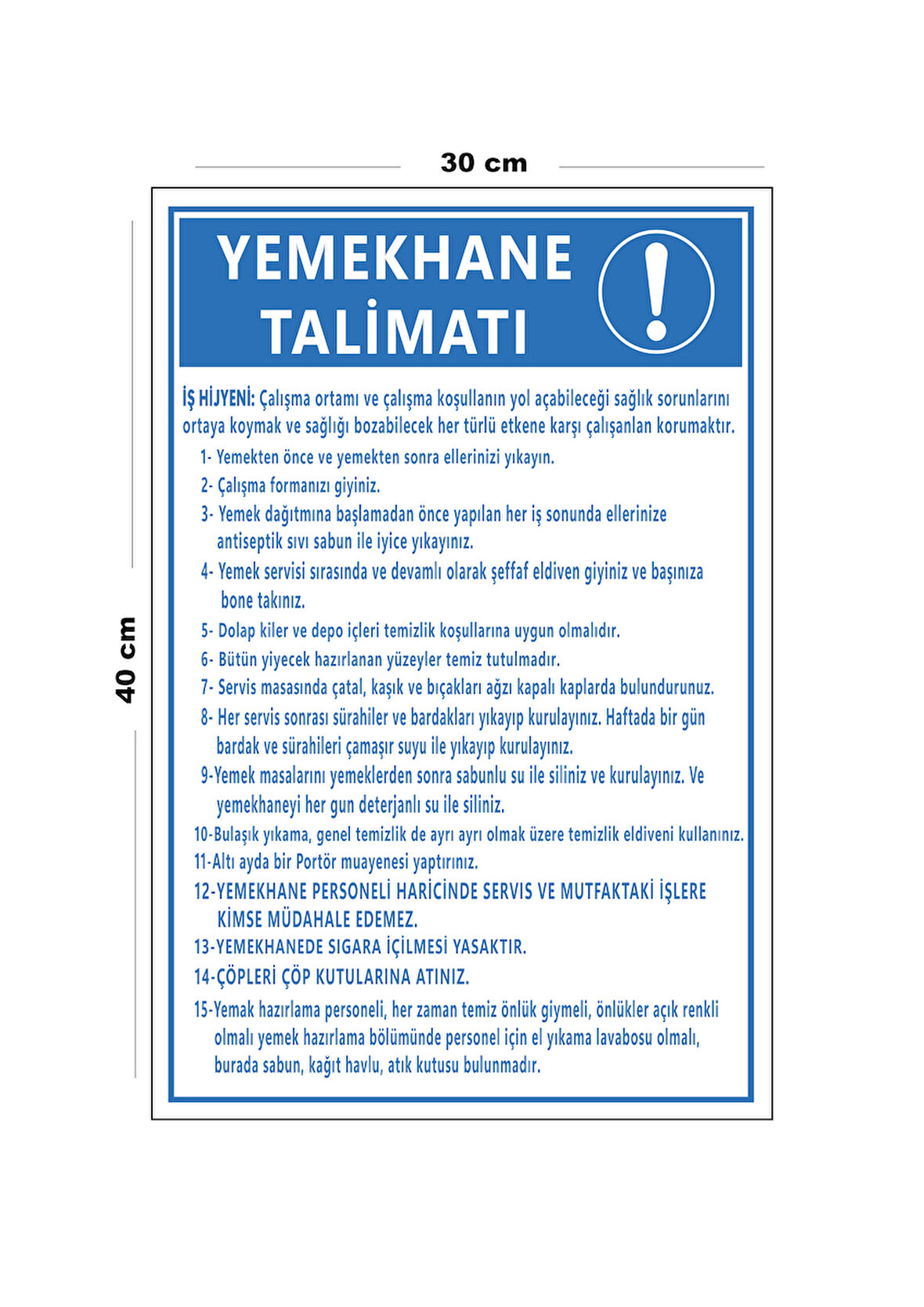 Metal Yemekhane Talimatı 30 cm x 40 cm A3 Büyüklüğünde Uyarı Levhası Yönlendirme Tabelası