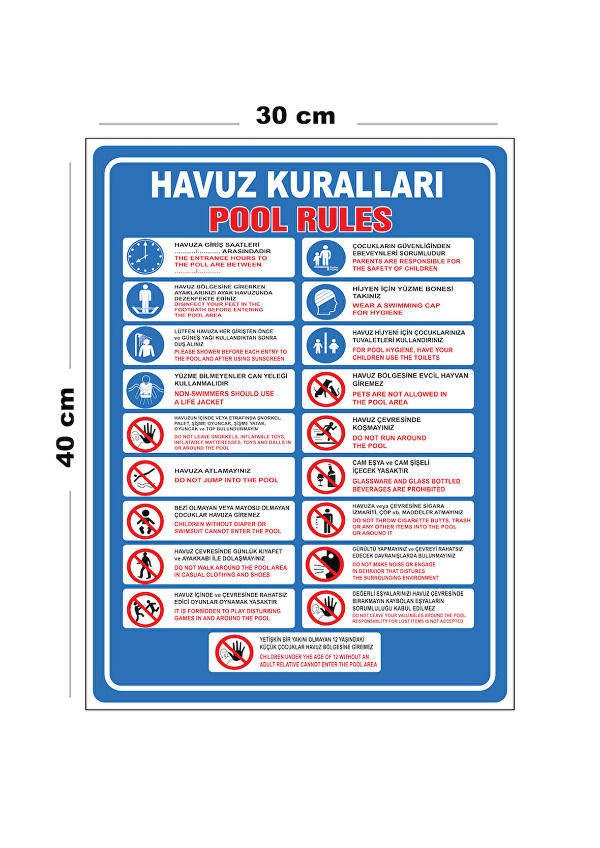 Metal Havuz Kuralları 30cm x 40cm A3 Büyüklüğünde Uyarı Levhası Yönlendirme Tabelası