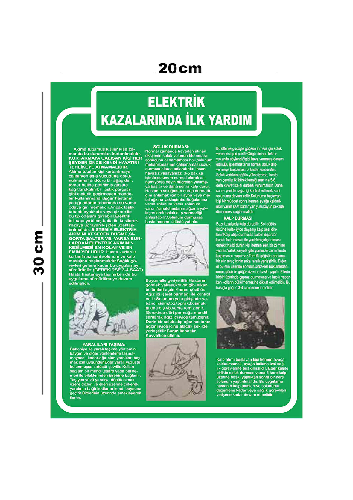 Metal Elektrik Kazalarında İlk Yardım 20cm x 30cm A4 Büyüklüğünde Uyarı Levhası Yönlendirme Tabelası