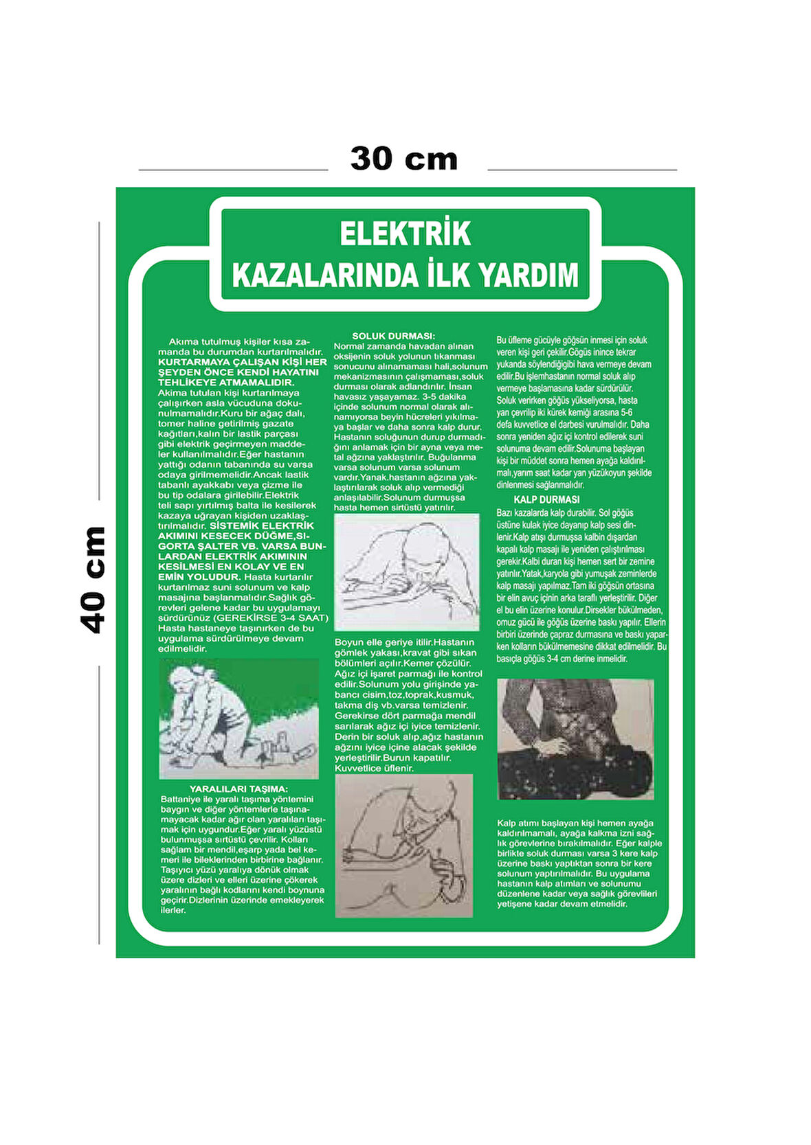 Metal Elektrik Kazalarında İlk Yardım 30cm x 40cm A3 Büyüklüğünde Uyarı Levhası Yönlendirme Tabelası