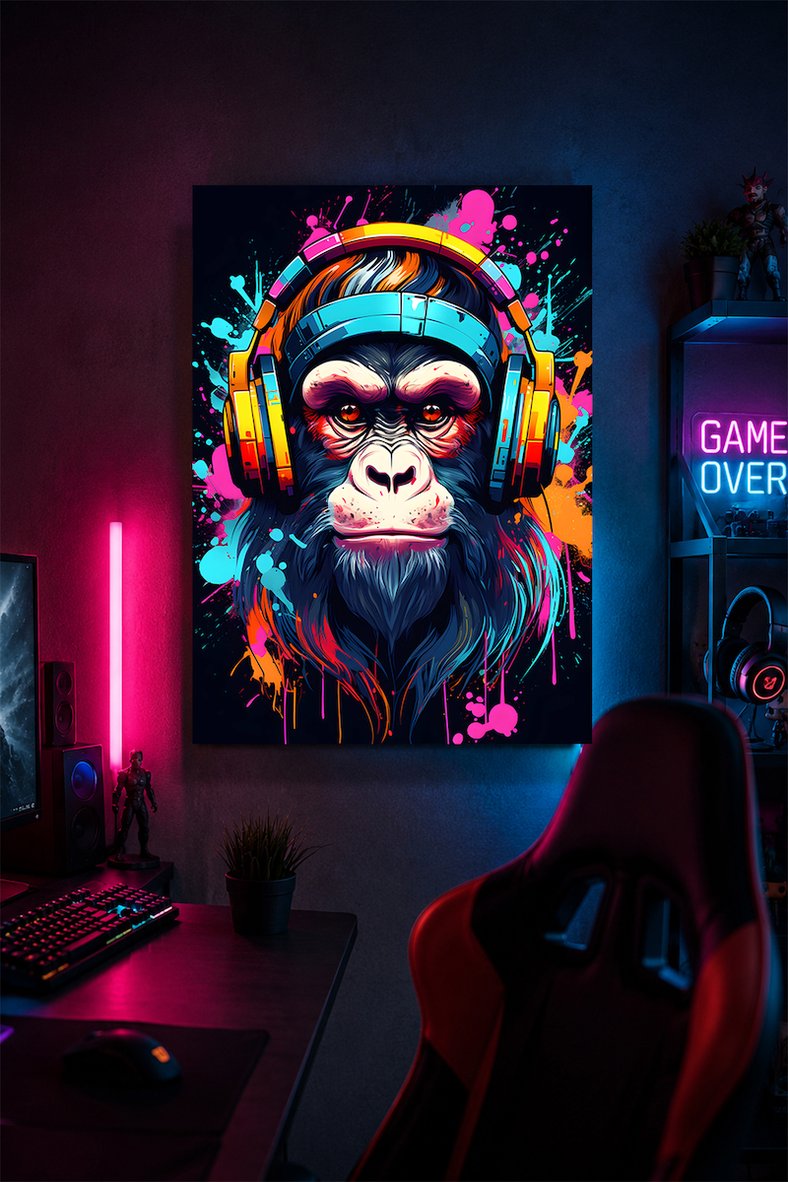 Gaming Goril Metal Duvar Tablosu Kulaklıklı Gamer Oda Dekoru Renkli Tasarım 15x20 cm A5 Boyutunda