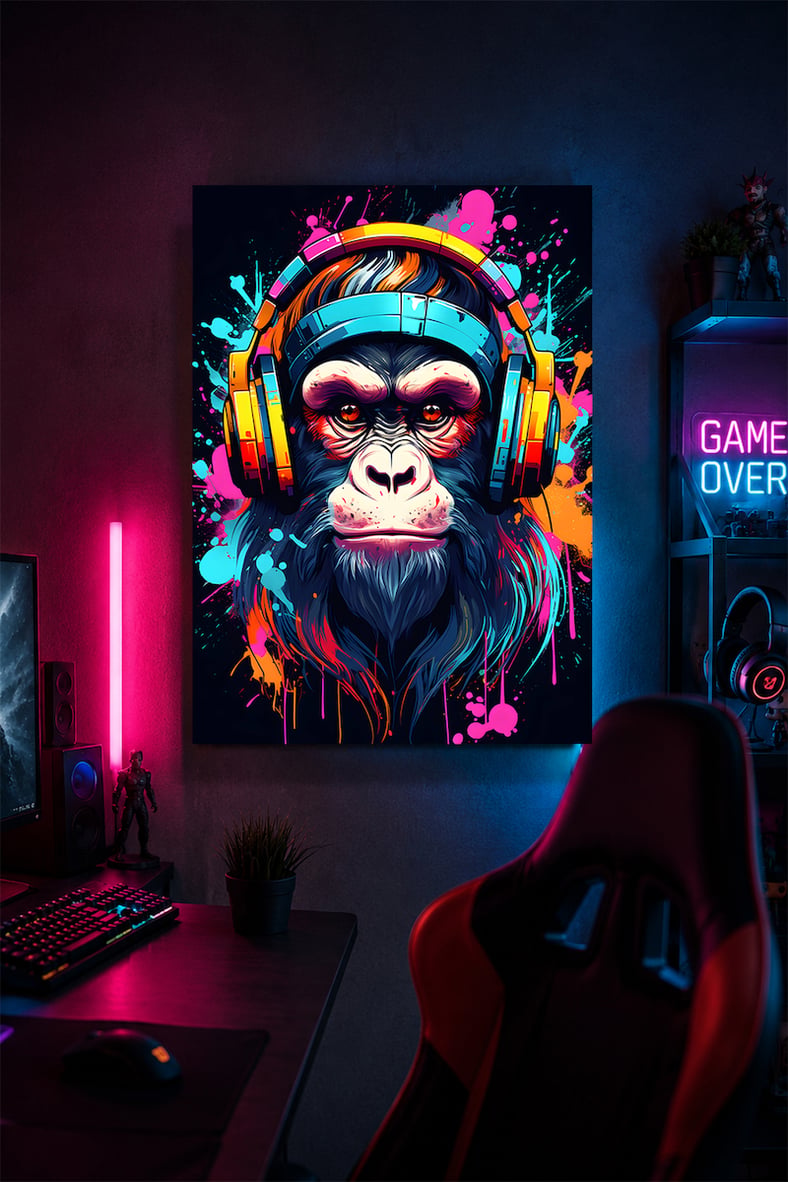 Gaming Goril Metal Duvar Tablosu Kulaklıklı Gamer Oda Dekoru Renkli Tasarım 30x40 cm A3 Boyutunda