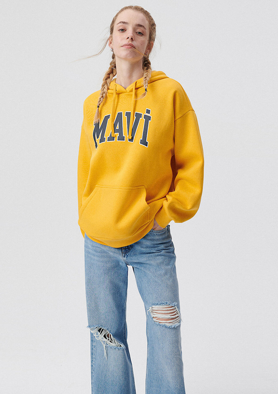 Mavi Logo Baskılı Kapüşonlu Sarı Sweatshirt 1600361-71340