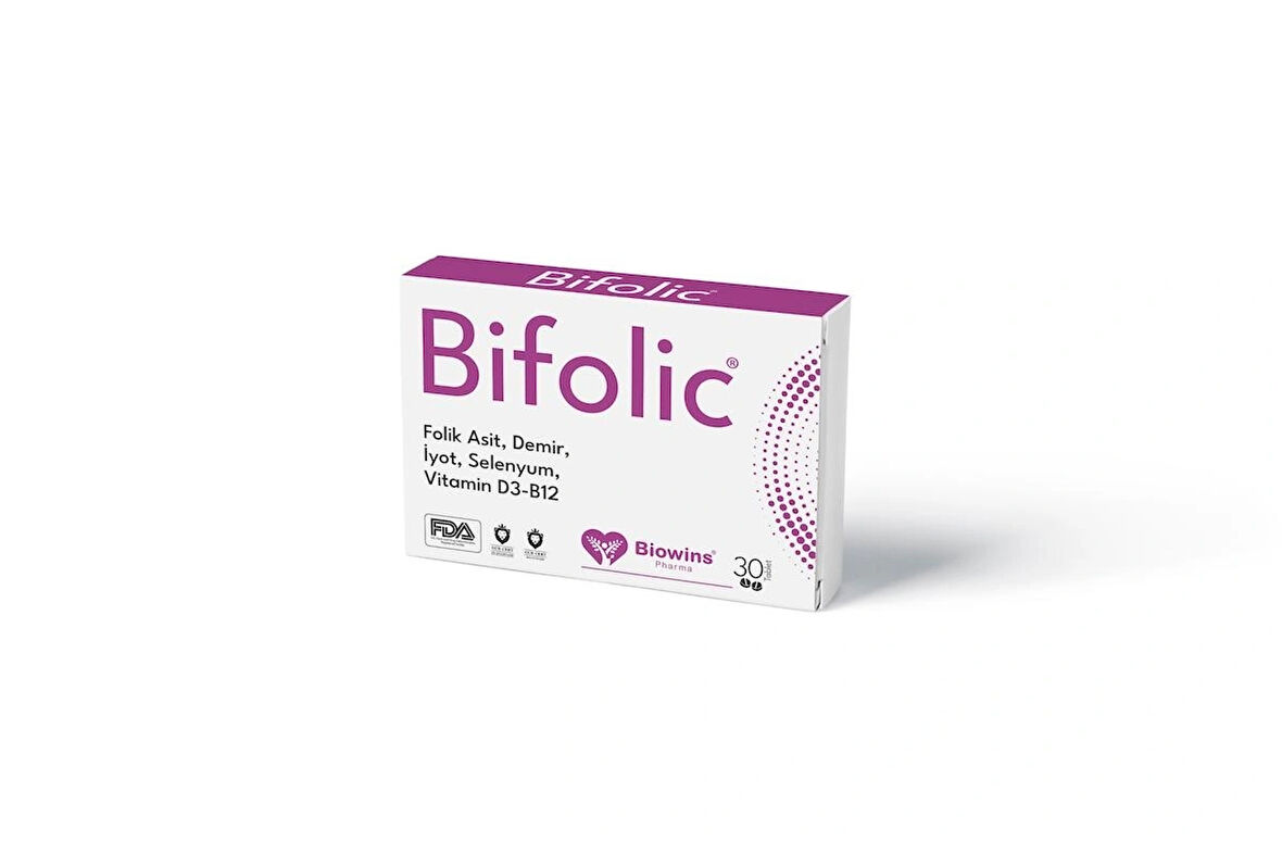 Bifolic 30'lu Folik Asit, Demir, Selenyum, İyot, Vitamin D3 ve Vitamin B12 İçeren Takviye Edici Gıda