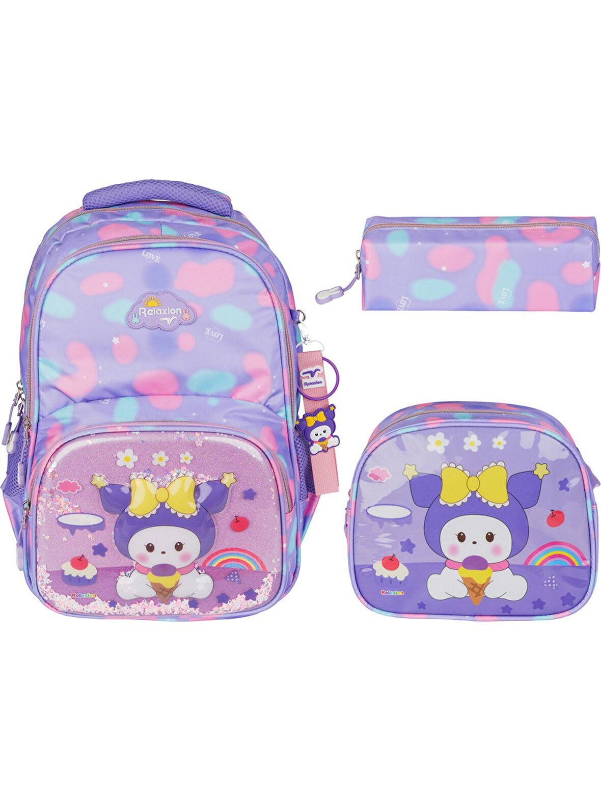 Relaxion Kabartmalı Kuromi Deniz Kızı Figürlü Pullu 3'Lü İlkokul Çantası Beslenme Kalemlik Seti 1370