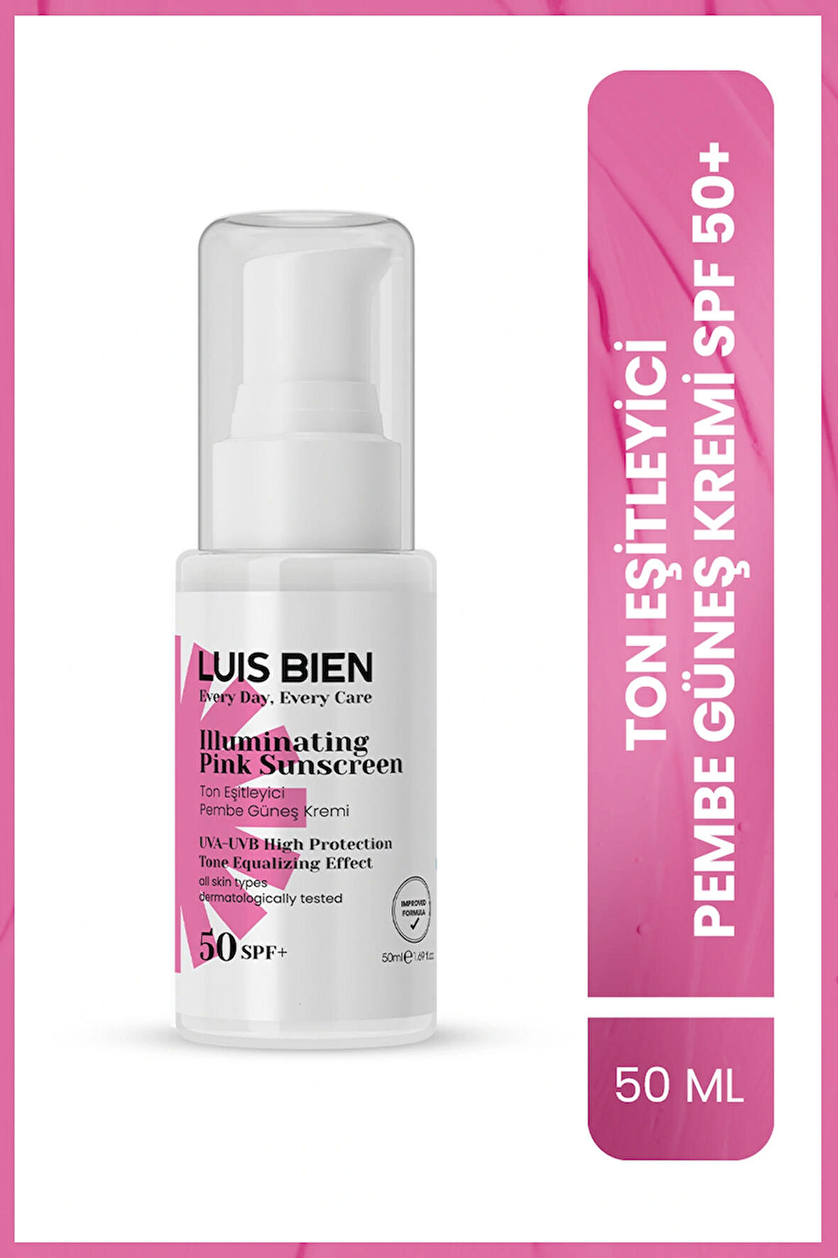 Luis Bien Ton Eşitleyici SPF 50+ Tüm Ciltler İçin Yüksek Korumalı Pembe Güneş Kremi 50 ml