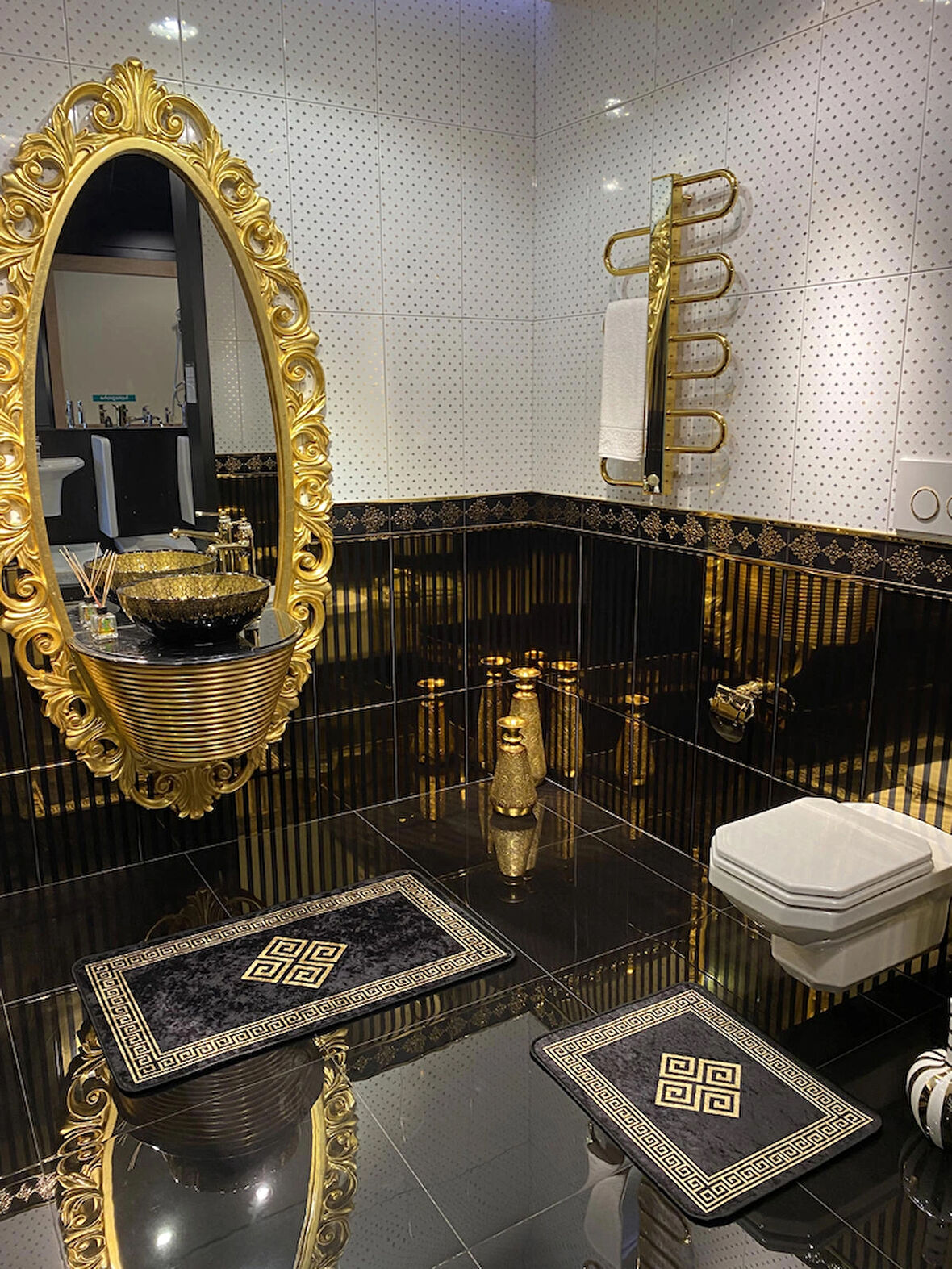 Losarina 2'li Lateks Kaymaz Taban Su Geçirmez Banyo Paspas Takımı (60X100 - 60X50) Siyah/altın