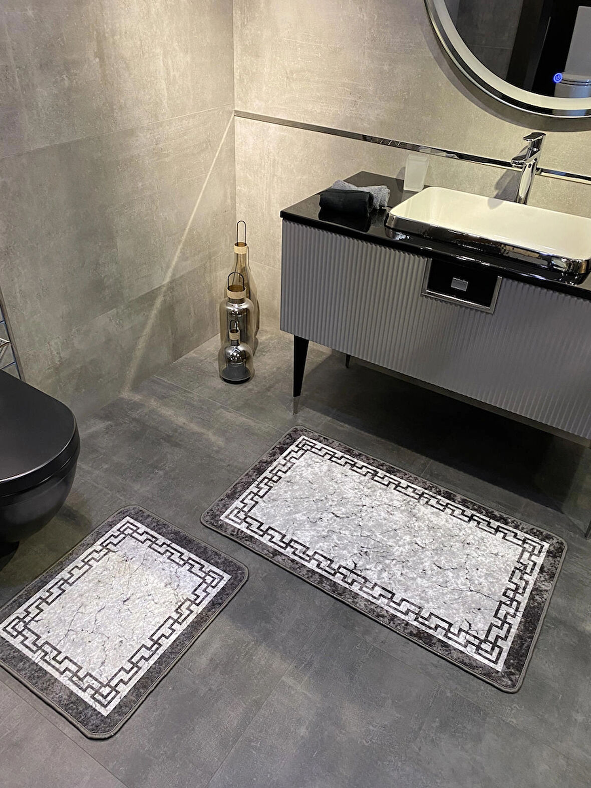Lınaro 2'li Lateks Kaymaz Taban Su Geçirmez Banyo Paspas Takımı (60x100 - 60x50) Gri