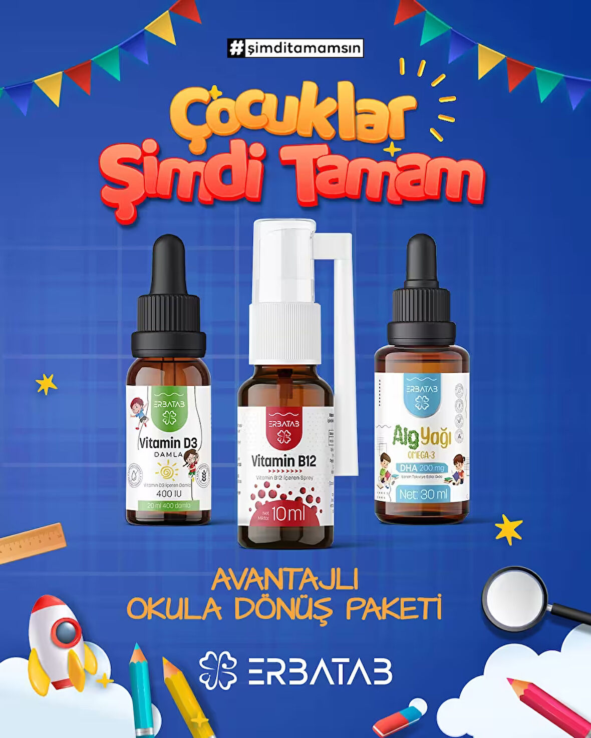 Erbatab Okula Dönüş Paketi ( Vitamin D3, Vitamin B12, Alg Yağı Omega-3)