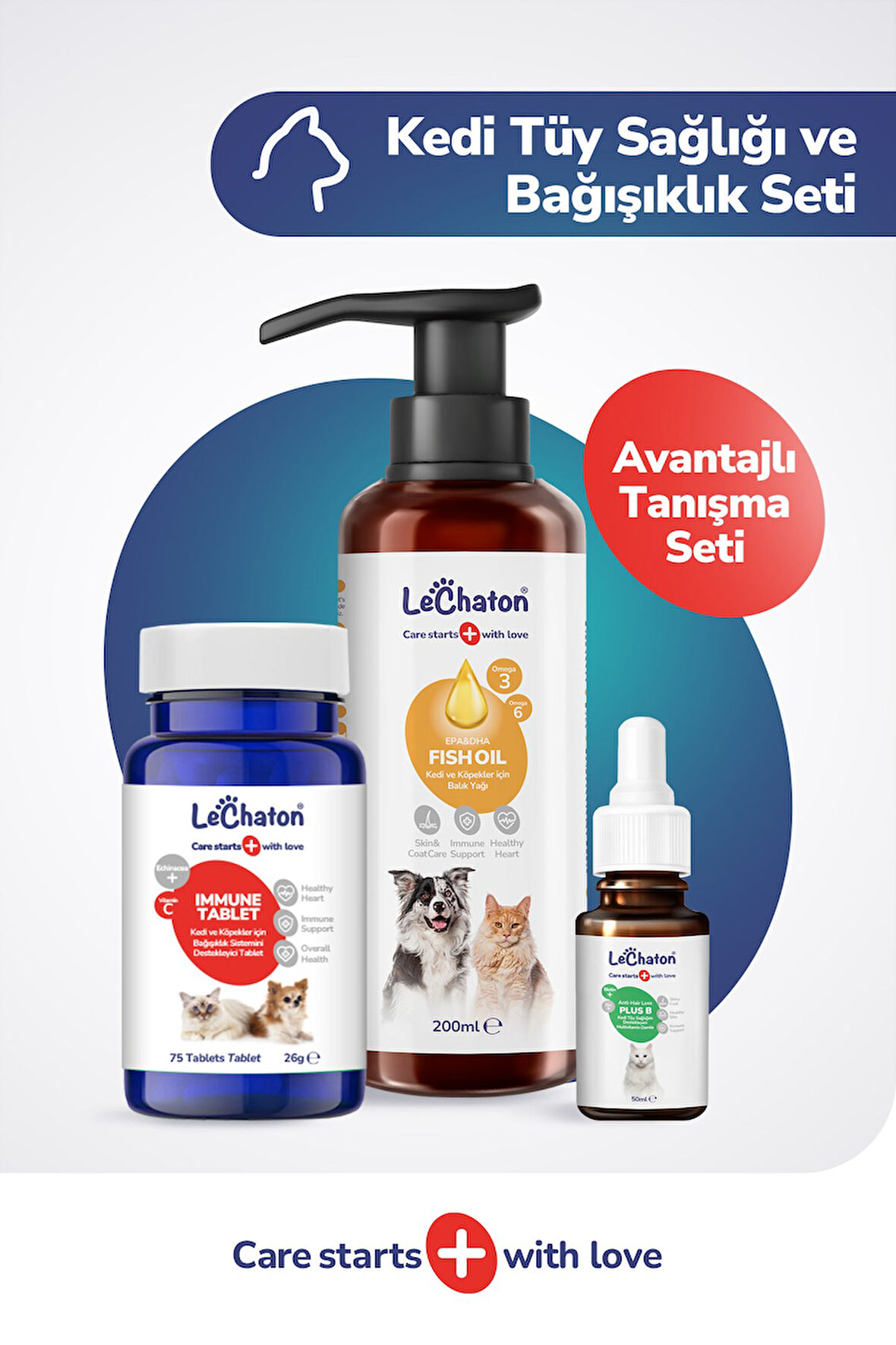 Kediler İçin Bağışıklık Güçlendirici ve Tüy Döküm Önleyici Set - (Balık Yağı- Damla - Tablet)
