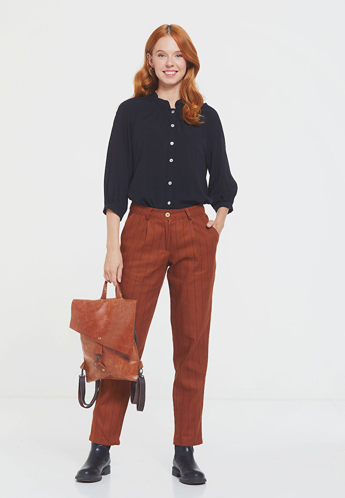 Çizgili Rahat Kesim Şık Bohem Pantolon Turuncu | M