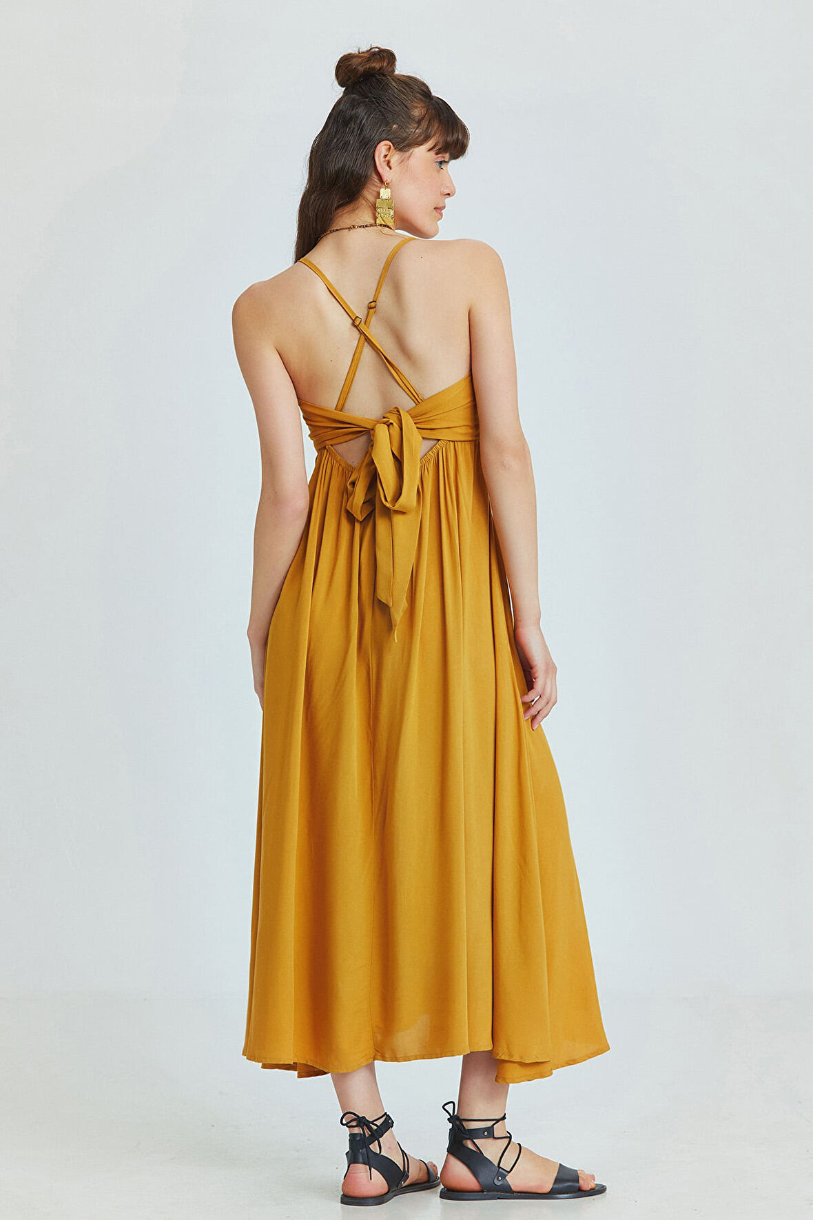 Sırt Detaylı Düz Renk Şık Bohem Elbise Sarı | M