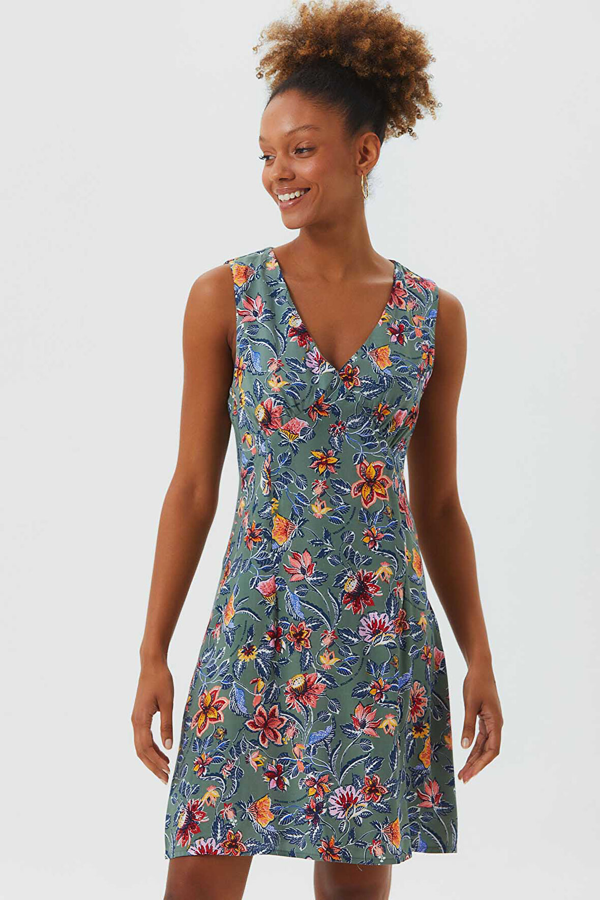 Kolsuz Desenli Mini Bohem Elbise Gri | XL