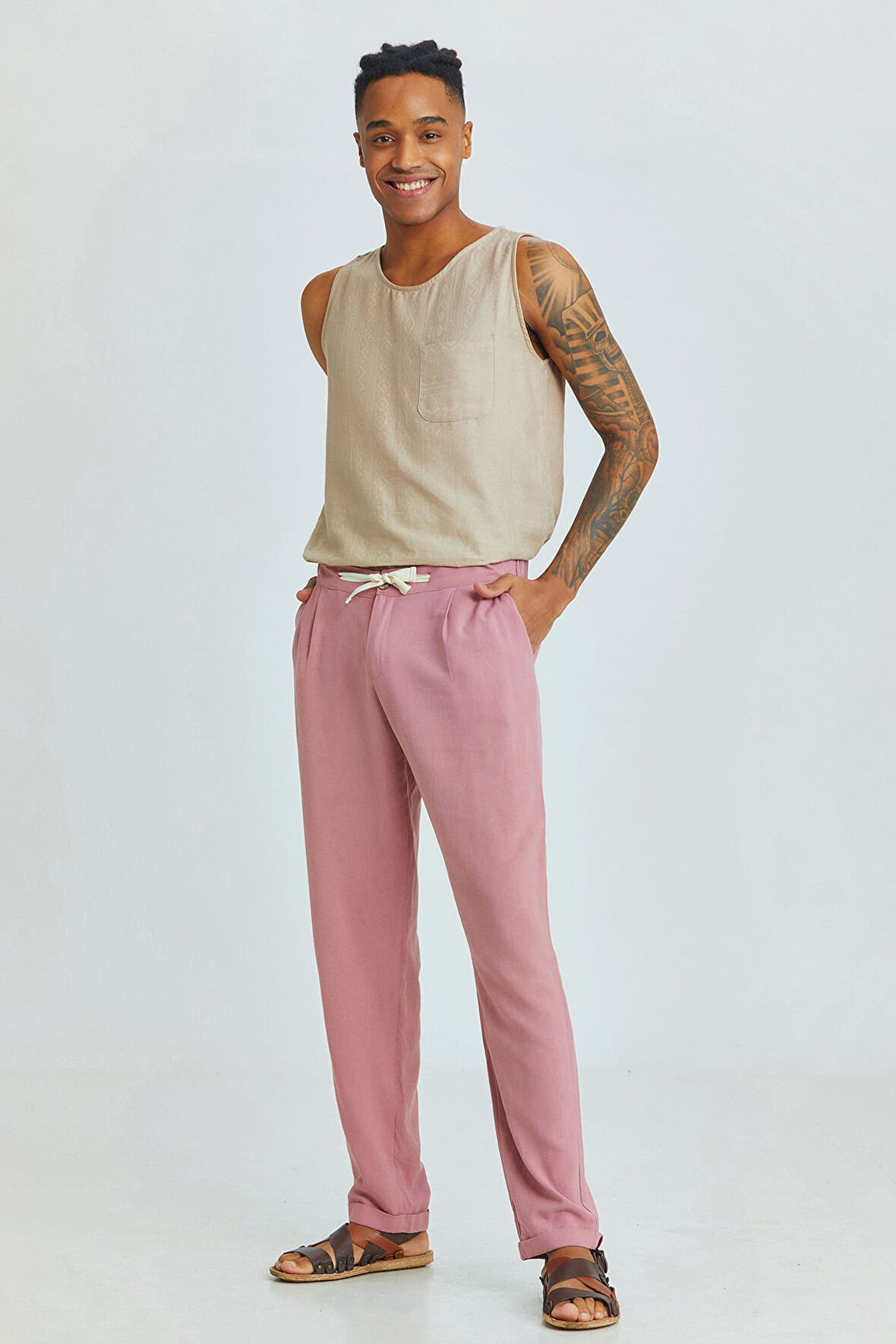 Duble Paça Bohem Erkek Pantolonu Pembe | XL