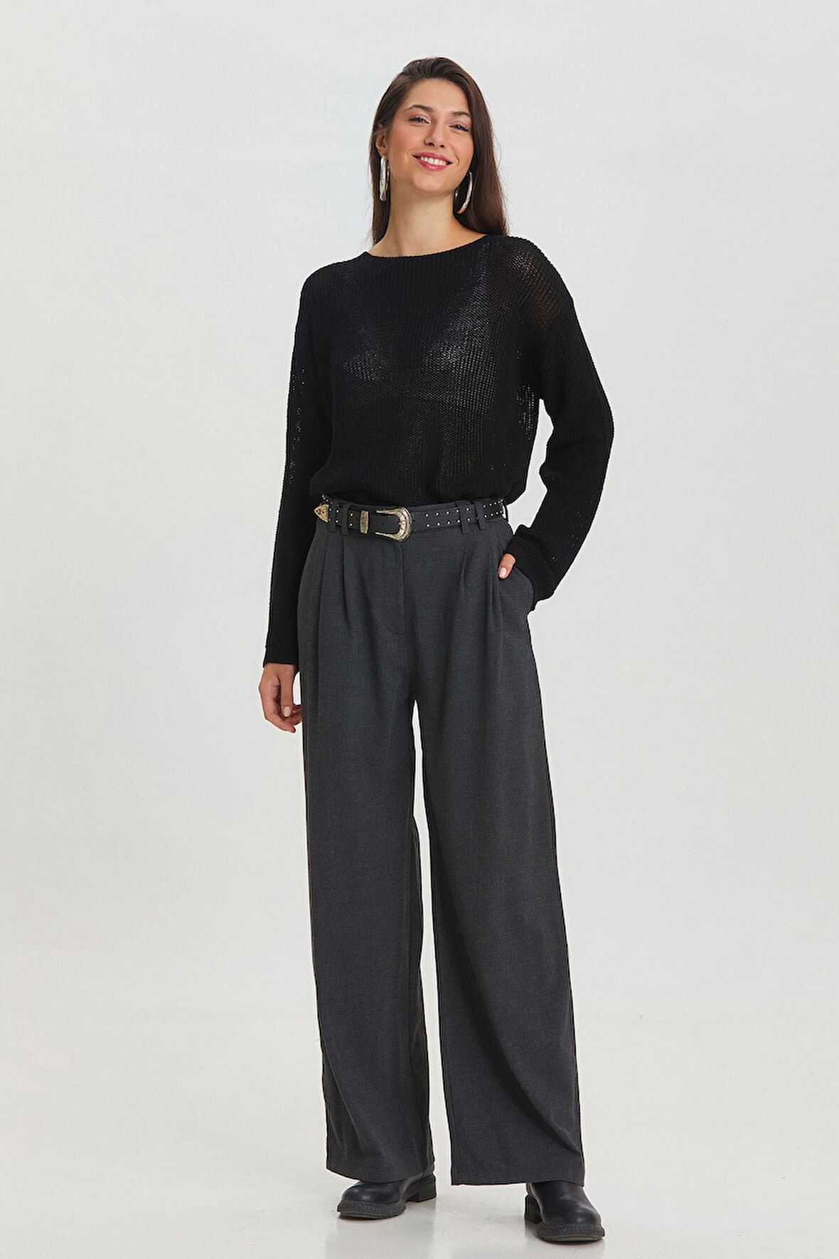 Pilili Loose Fit Şık Kumaş Pantolon Koyu Gri | L