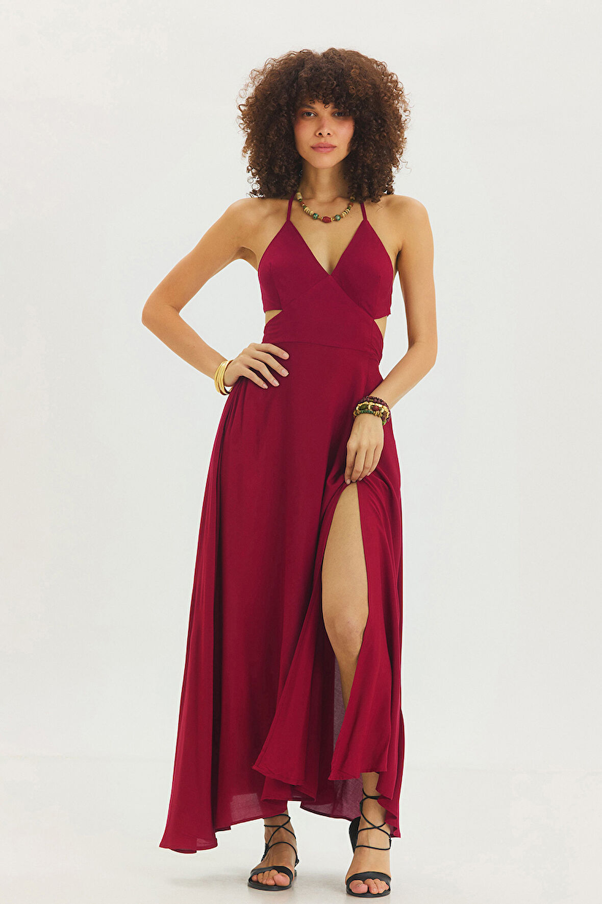 Derin Yırtmaçlı Bohem Maxi Elbise Bordo | M/L