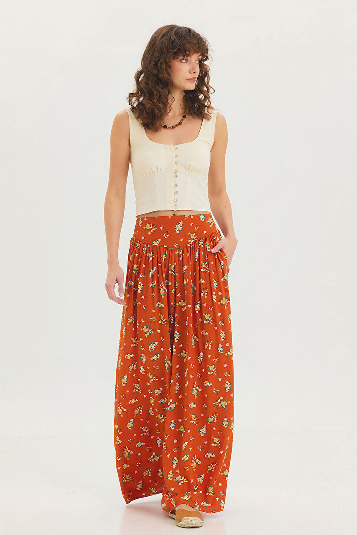 Desenli Beli Gipeli Salaş Etekli Pantolon Turuncu | S/M