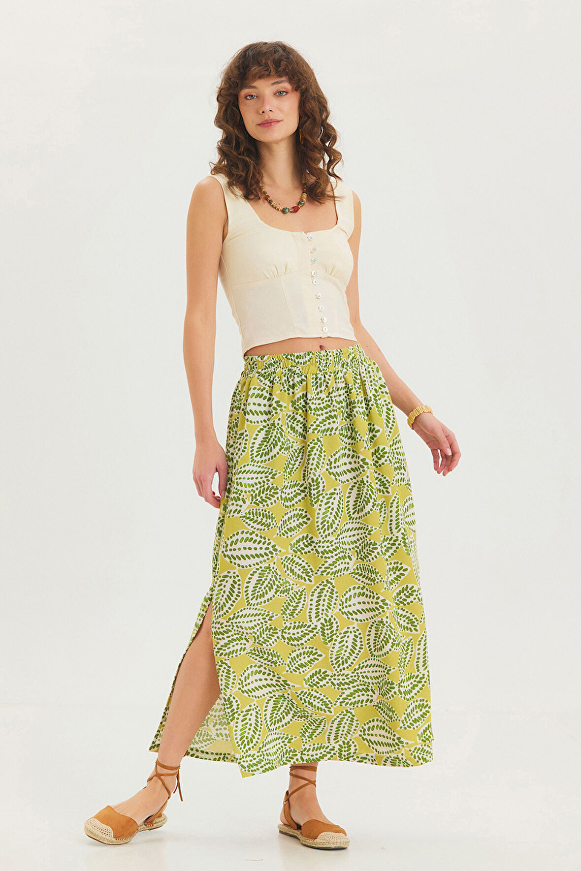 Yandan Yırtmaçlı Beli Lastikli Bohem Midi Boy Etek Yeşil | S/M