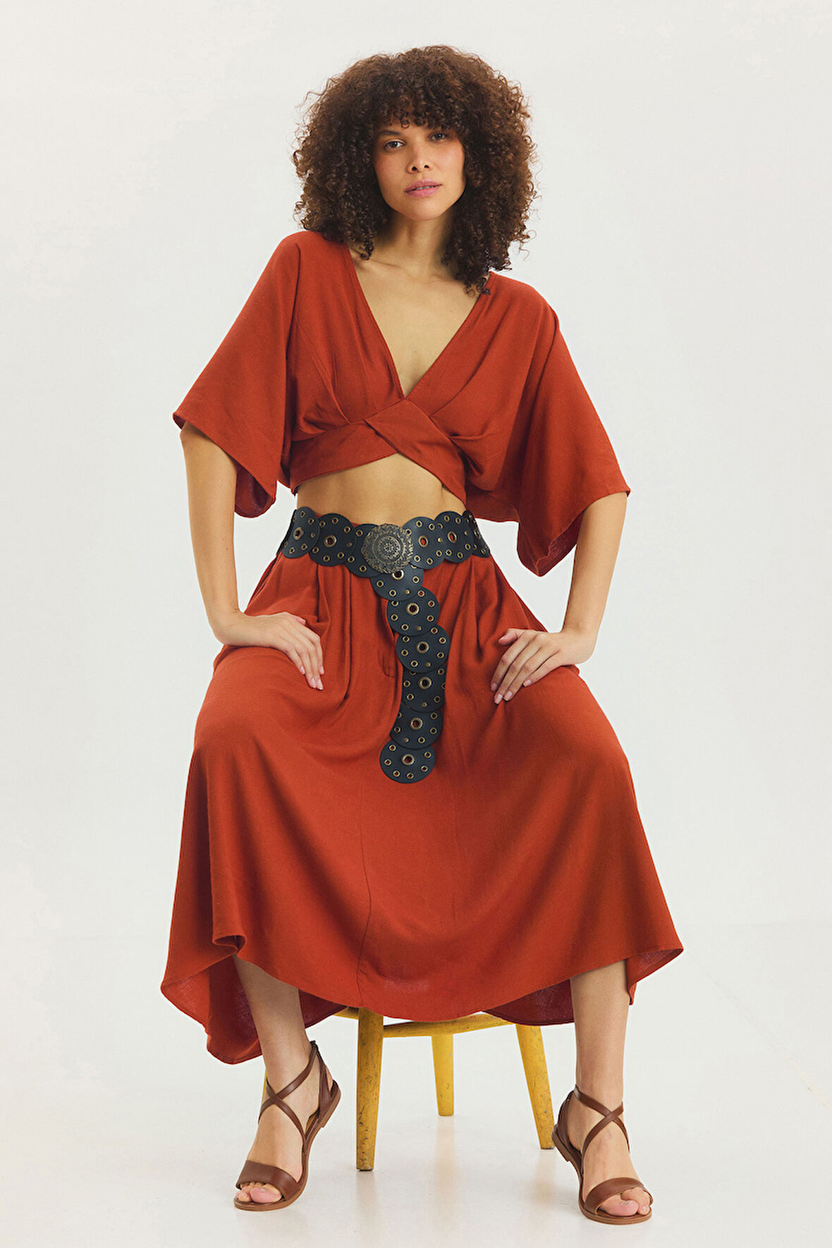 Rahat Kesim Midi Boy Yazlık Bohem Etek Kiremit | L