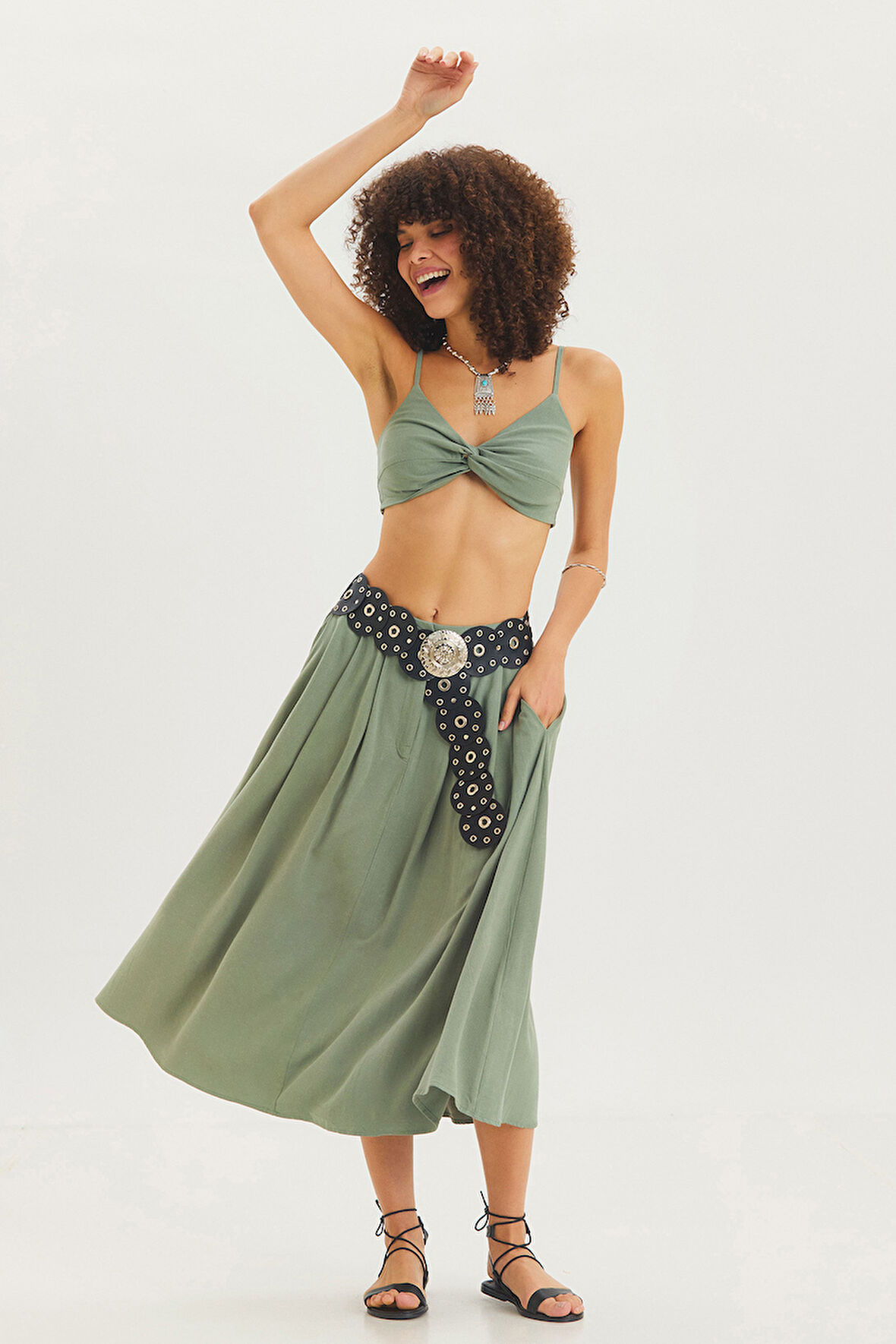 Rahat Kesim Midi Boy Yazlık Bohem Etek Çağla | L