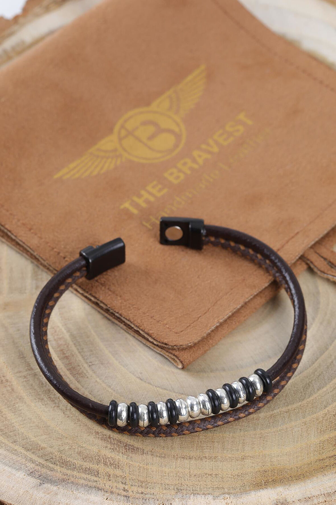 MRHERO Unisex Halat İpli Metal Aksesuarlı El Yapımı Hakiki Deri Bileklik MH001 KOYU KAHVERENGİ