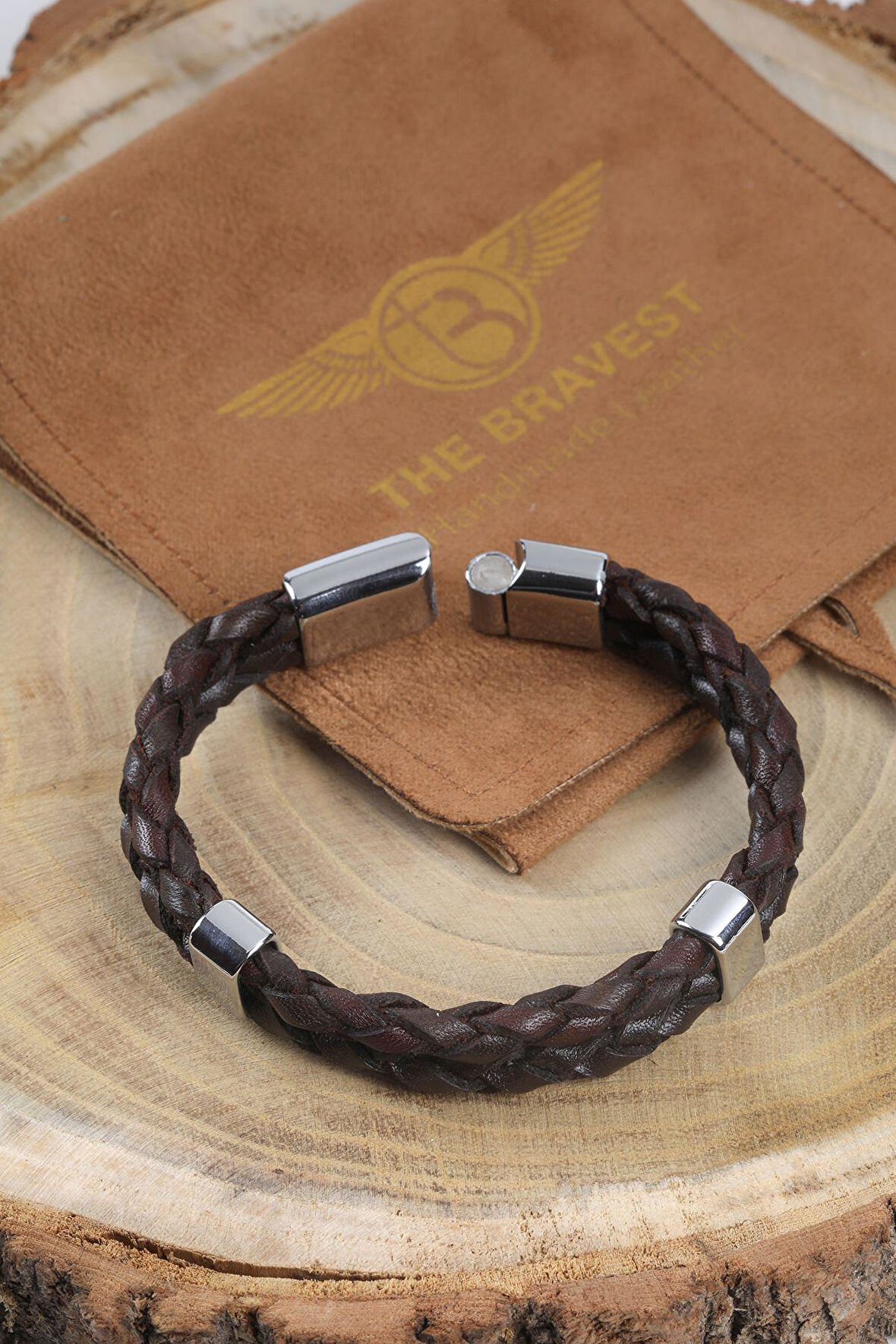 MRHERO Unisex Double Çift Örgü Hakiki Deri El Yapımı Deri Bileklik MH031 KAHVERENGİ