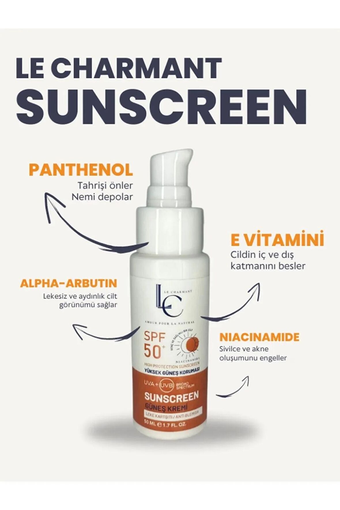 Le Charmant Leke Karşıtı SPF 50+ Yüz Güneş kremi Günlük Kullanım 50 ml