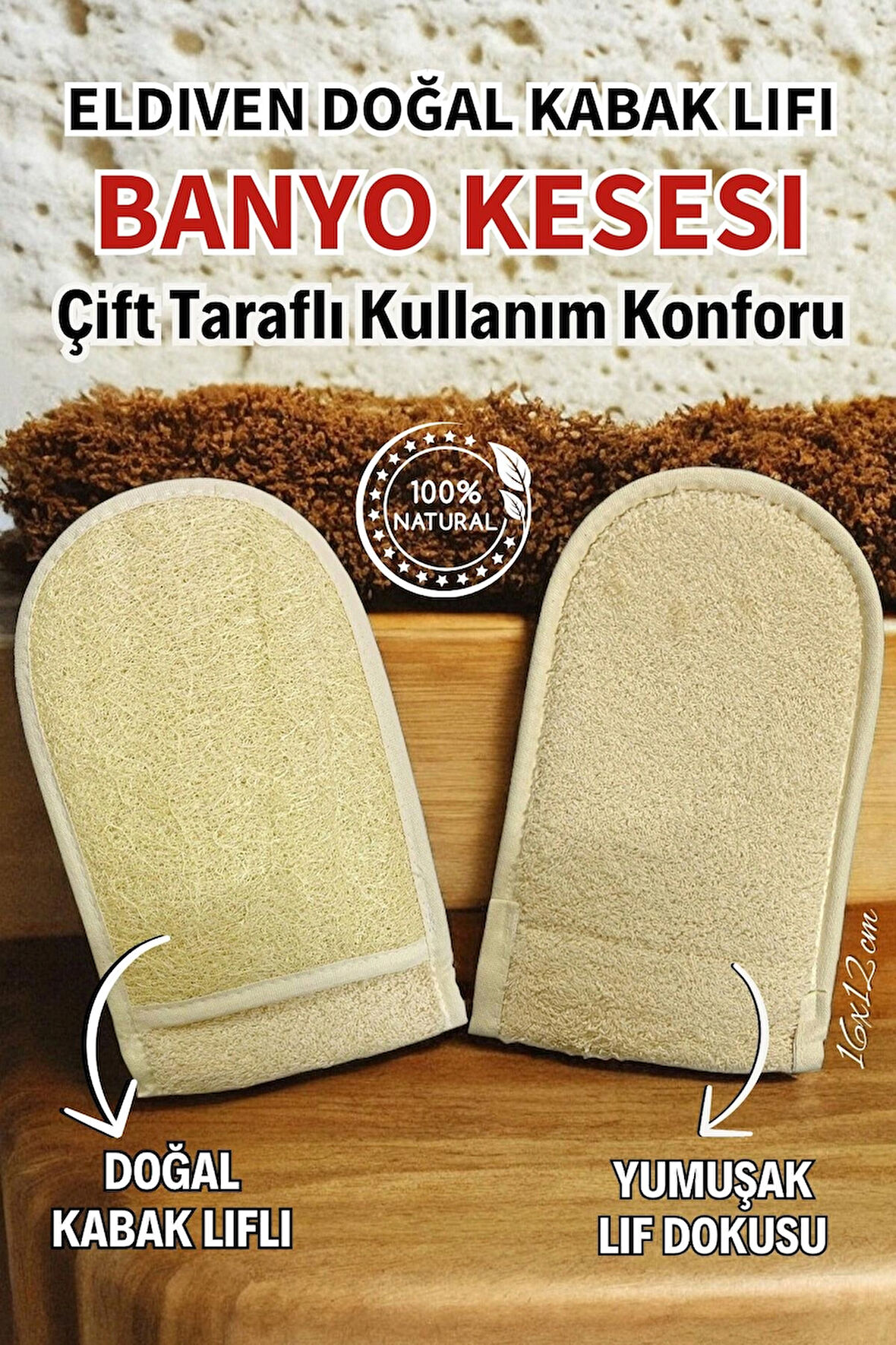 Eldiven Doğal Kabak Lifi Banyo Kesesi Çift Taraflı Kullanım Doğal Peeling Etkisi Cilt Dostu