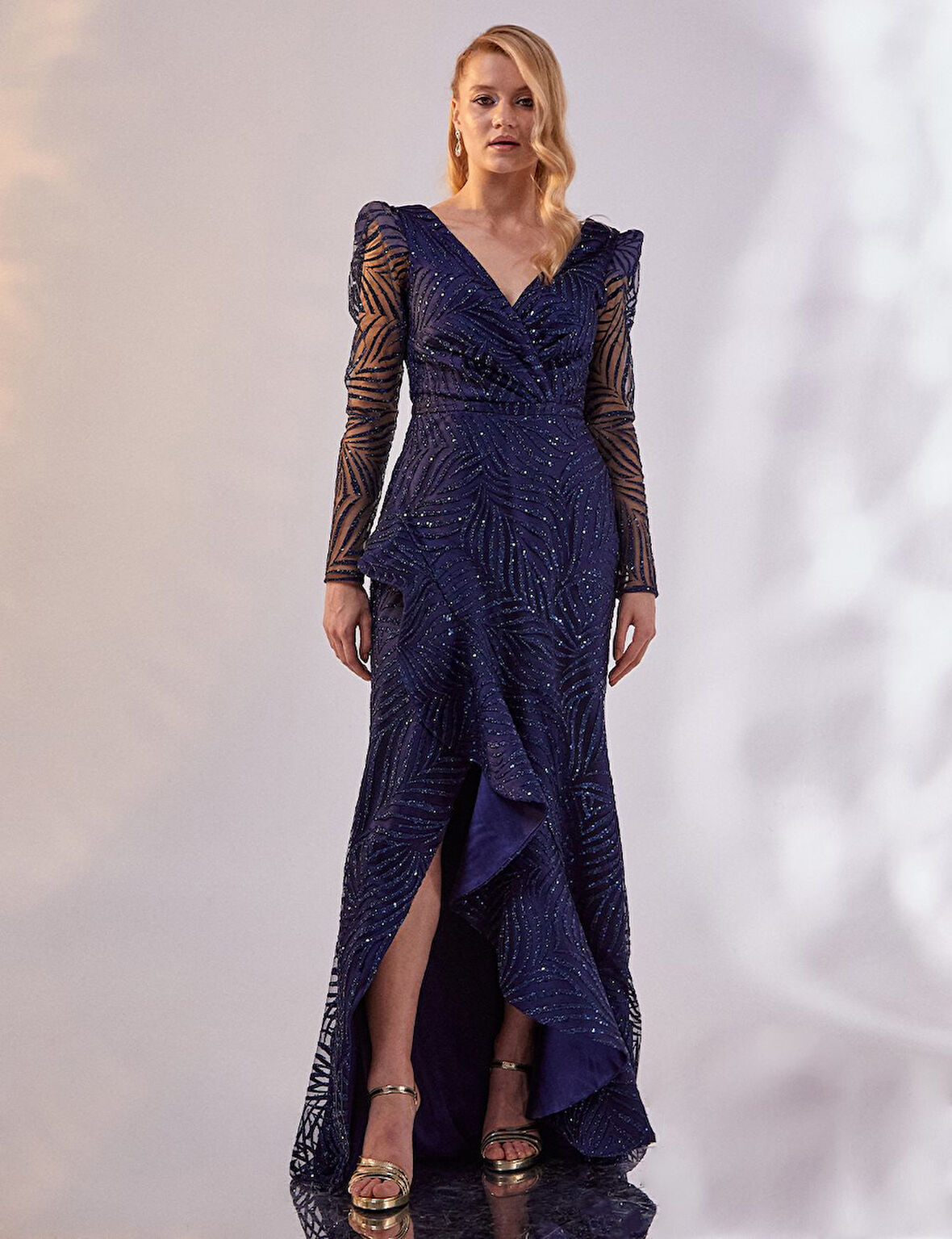 Volanlı Balık Form Abiye-Lacivert | 44