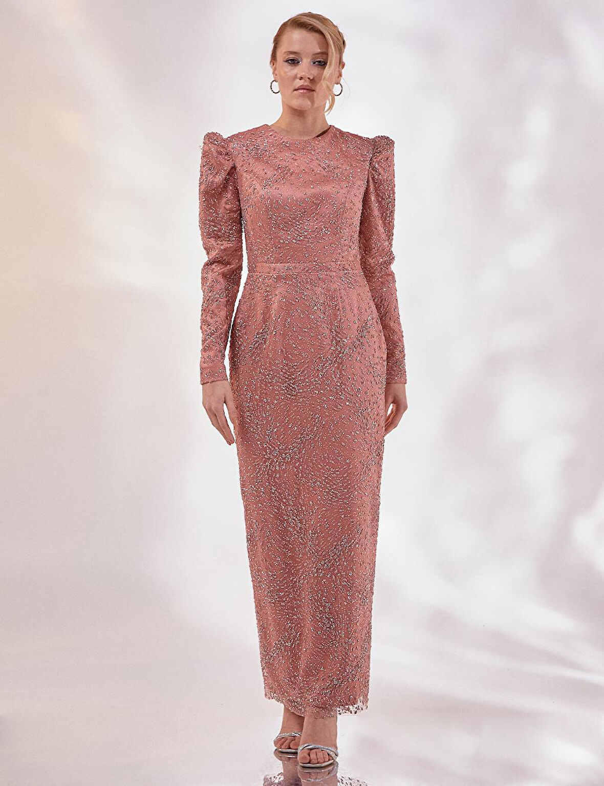 Taşlı Gigot Kol Abiye-Pudra | 40