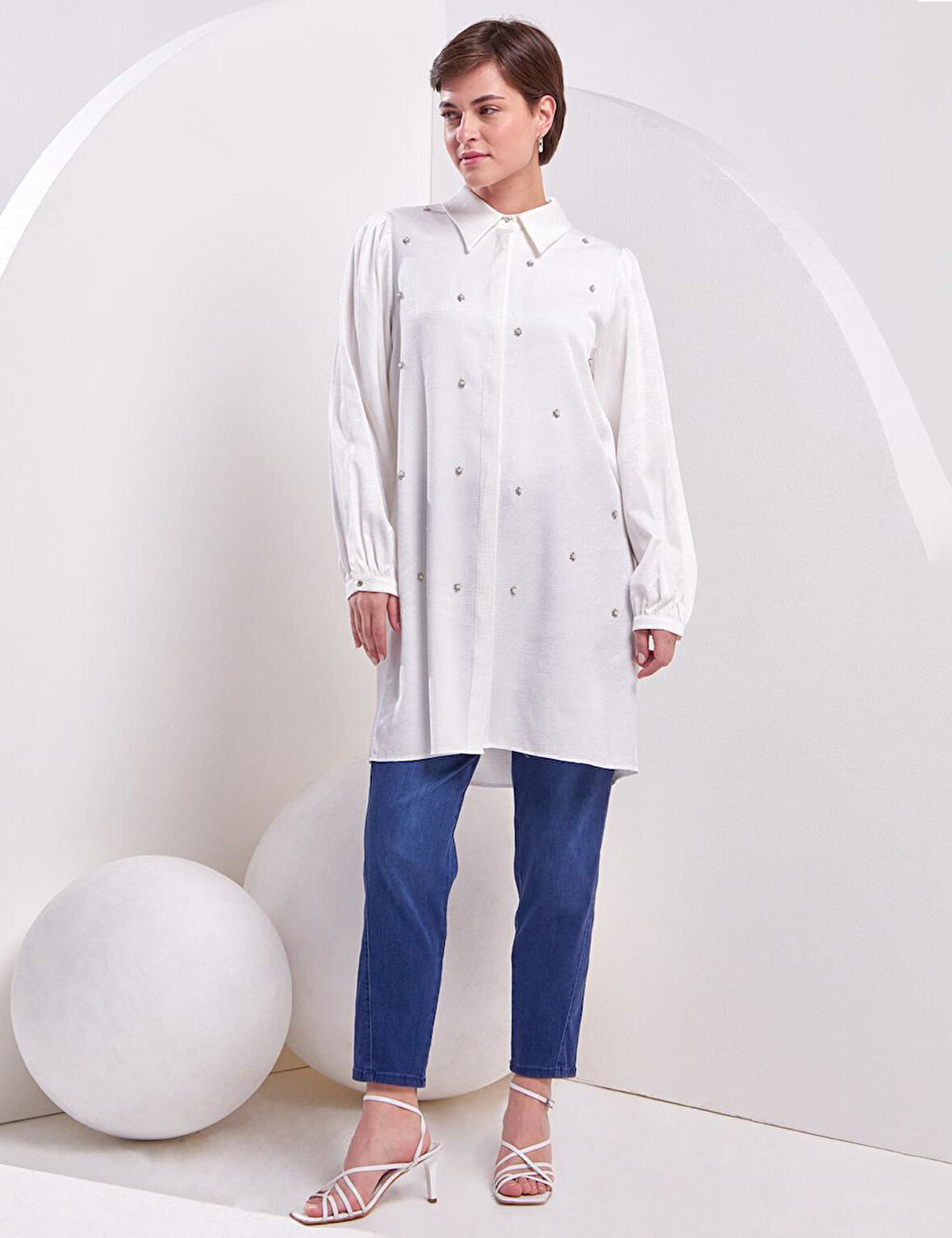 İnci İşlemeli Jakarlı Tunik-Ekru | 38