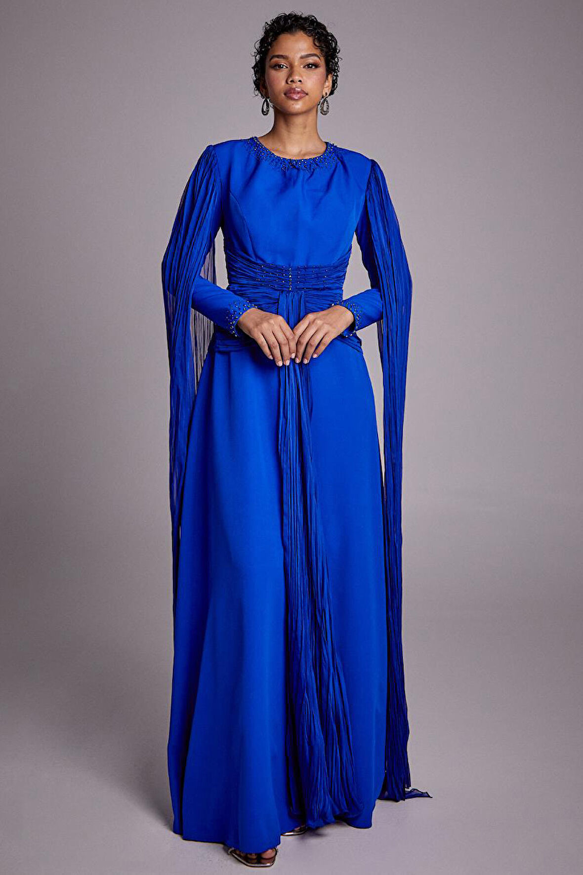 Kadın Tül Detaylı Drapeli Abiye Elbise - Saks Mavi | 44