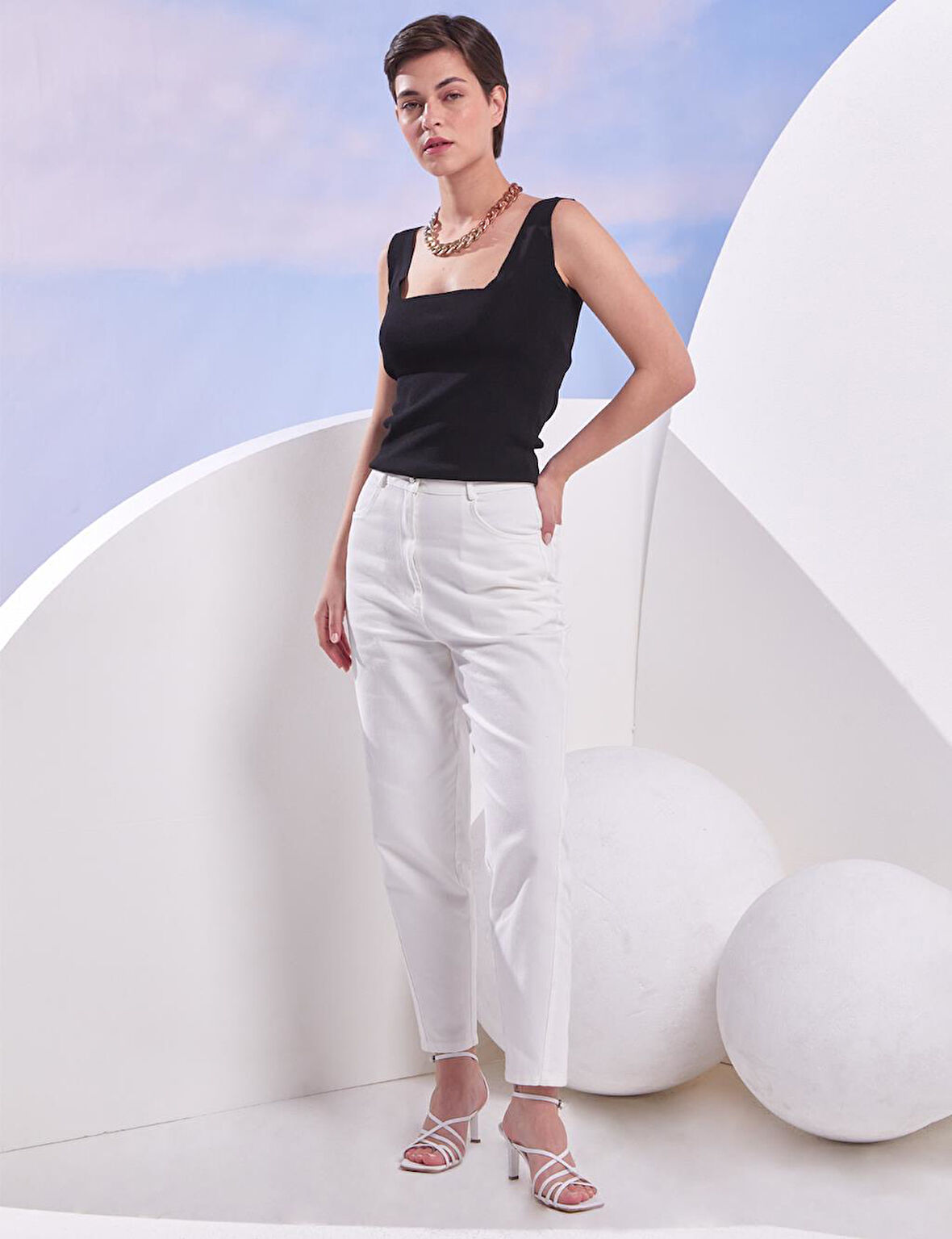 Yüksek Bel Mom Jean-Optik Beyaz | 42