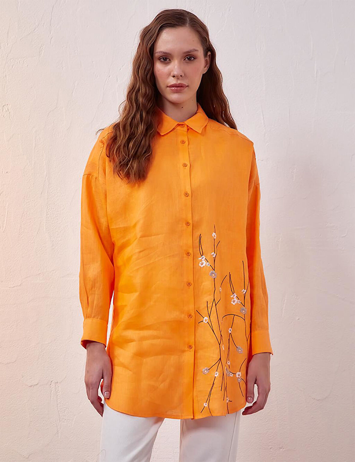 Keten Nakışlı Düşük Omuz Tunik-Şeftali | 44