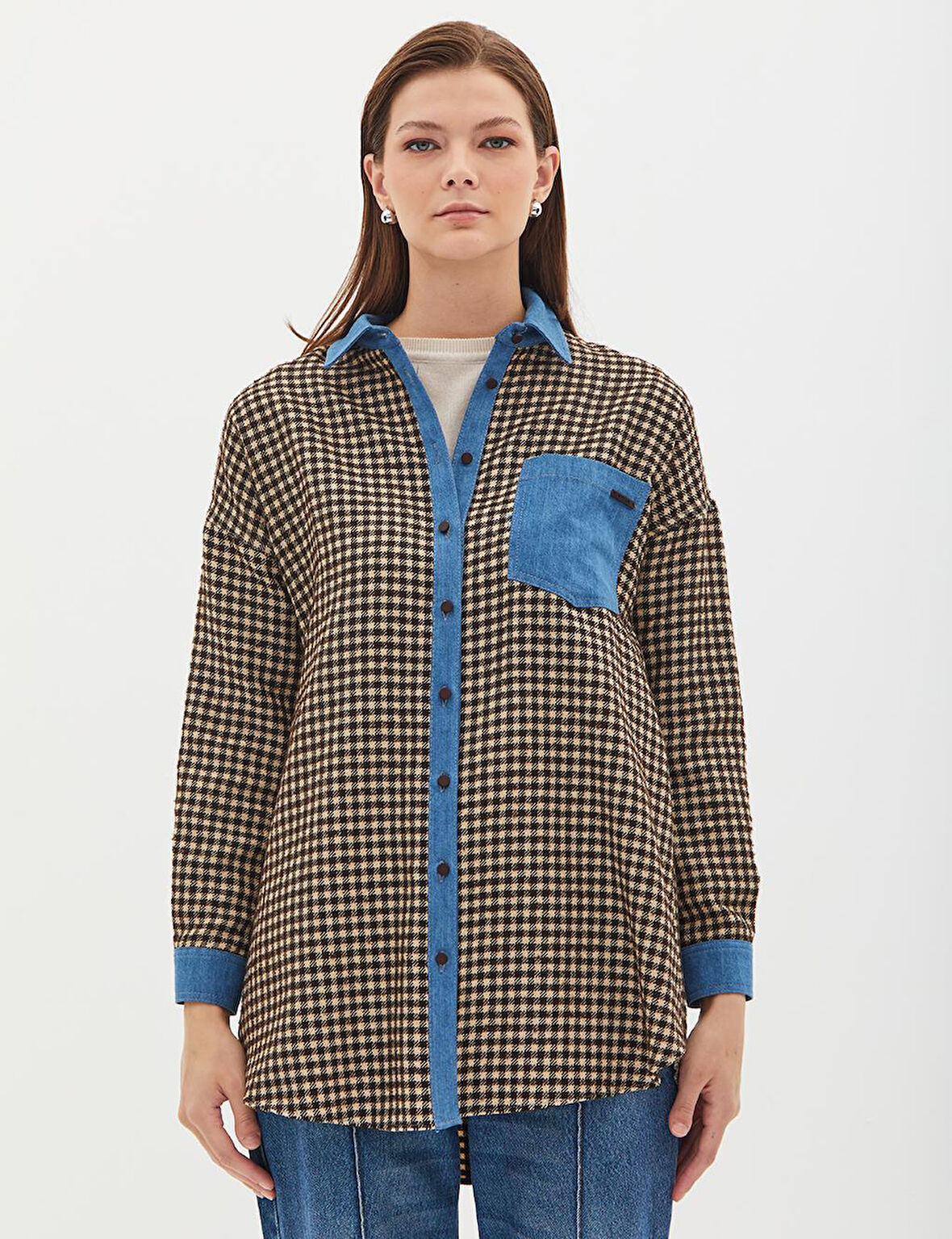 Kadın Kareli Denim Garnili Tunik Koyu Kahve -Krem | 42