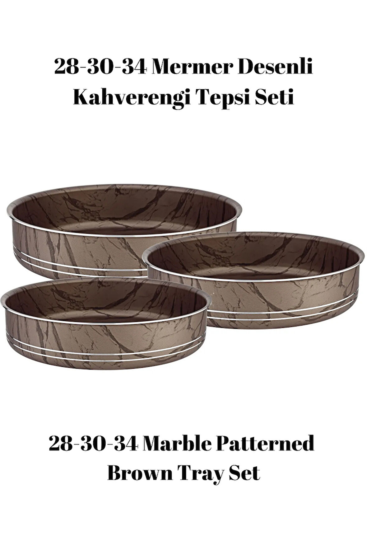 Bonera Montella 3'Lü Mermer Desenli̇ Kahverengi - Si̇yah Tepsi̇ (28-30-34 cm)