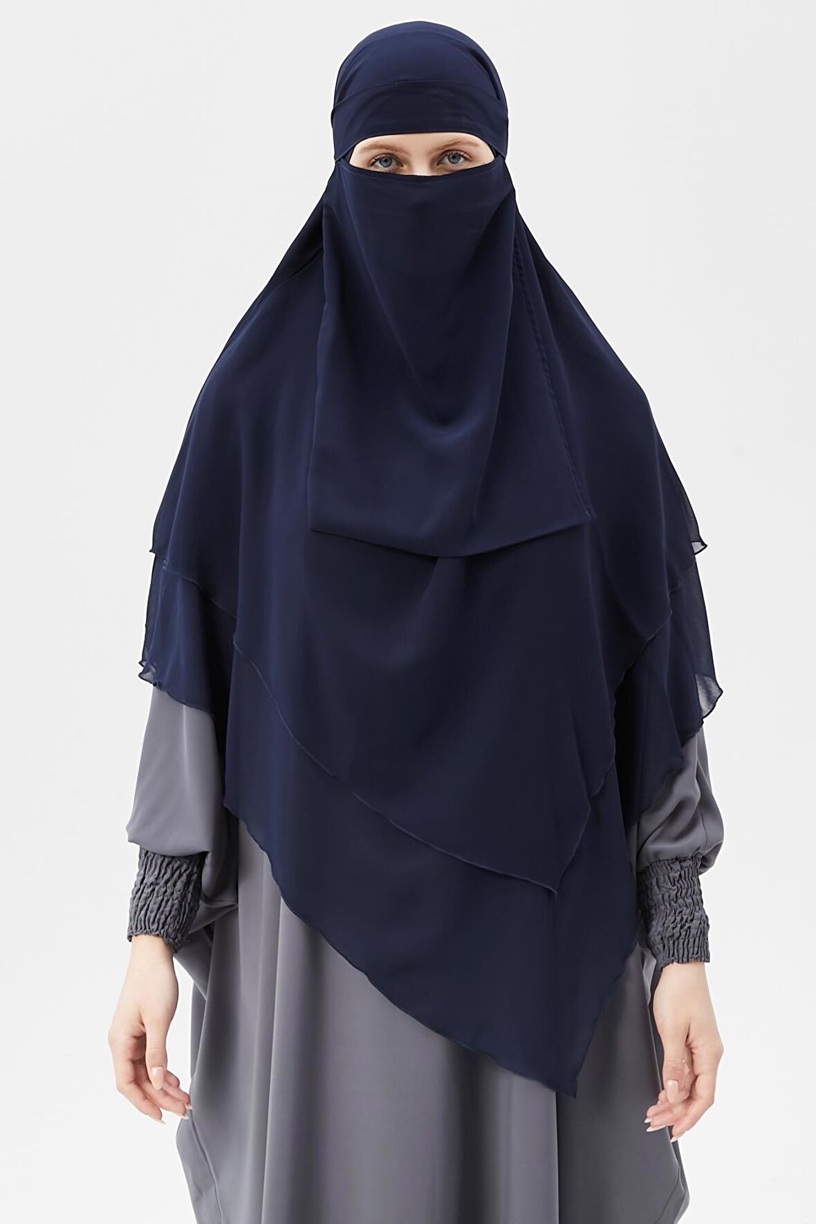 Hazır Pratik Şifon Üç Katlı Peçeli Üçgen Hac Umre Şalı Sufle Hijab Nikap