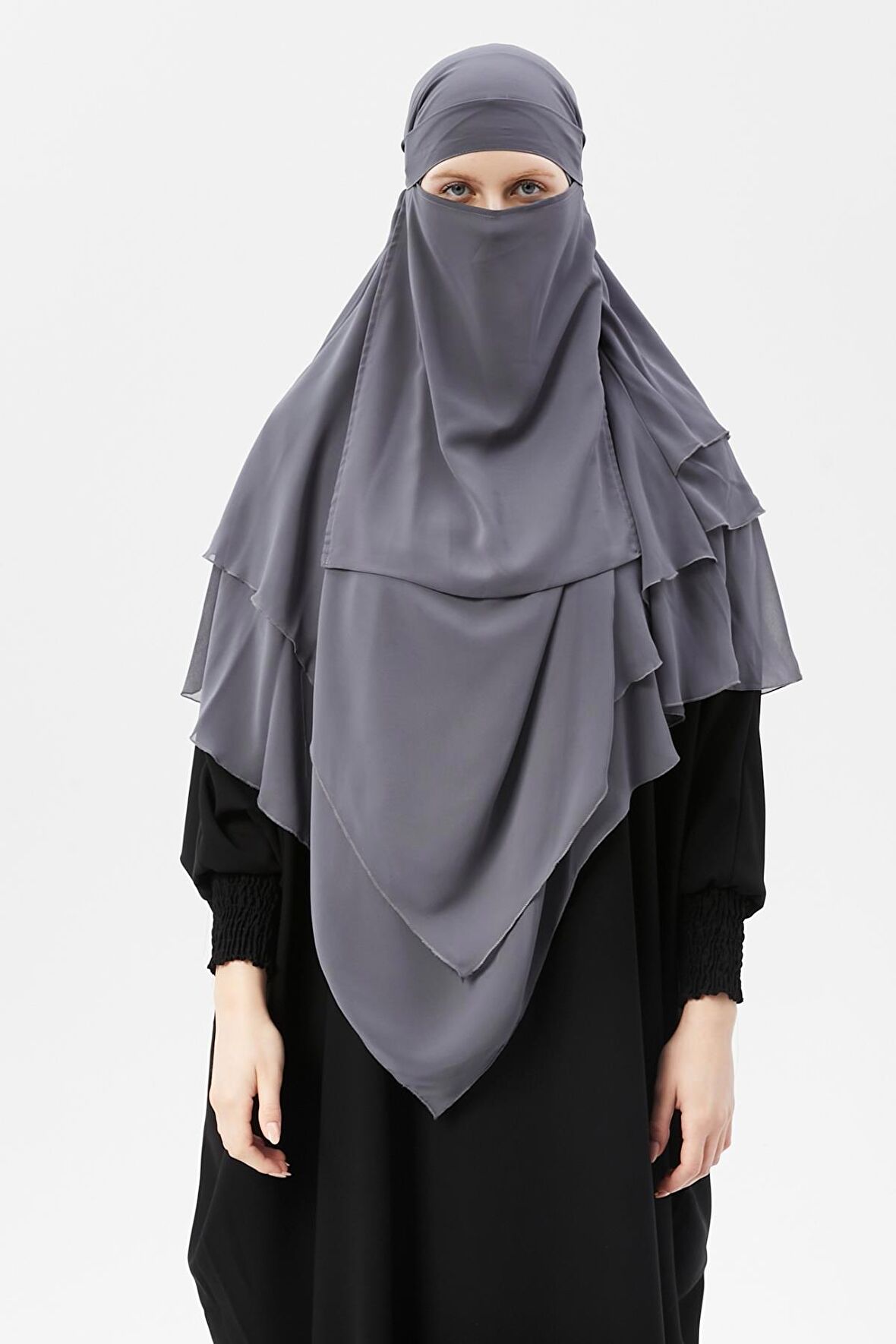 Hazır Pratik Şifon Üç Katlı Peçeli Üçgen Hac Umre Şalı Sufle Hijab Nikap
