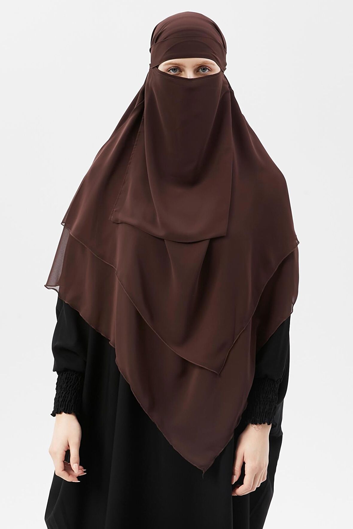 Hazır Pratik Şifon Üç Katlı Peçeli Üçgen Hac Umre Şalı Sufle Hijab Nikap