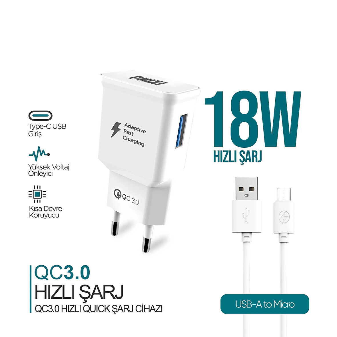 Phixi QCH202M Basic 12V / 3A Qualcomm 3.0 Micro USB Kablolu Hızlı Şarj Cihazı