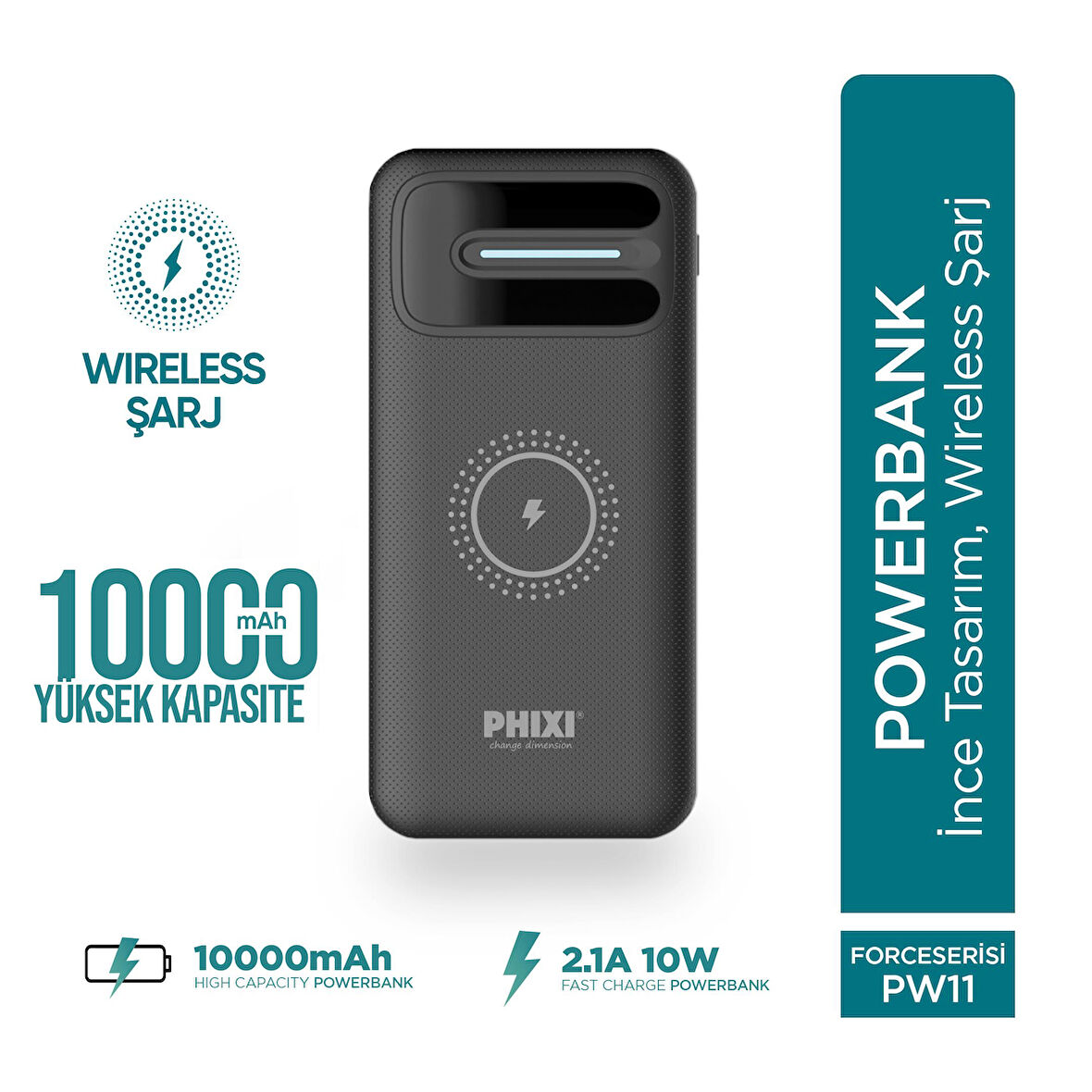 Phixi Basic PW11 10000mAh 10W Kablosuz Şarj Cihazı - Wireless Powerbank - 2 USB Port - LED Gösterge - Taşınabilir Şarj Cihazı