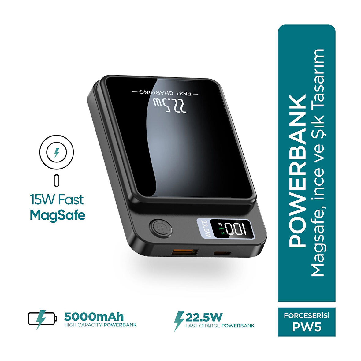 Phixi Force PW5 5000mAh 22.5W MagSafe Powerbank  - Kablosuz Mini Şarj Cihazı - 1 USB 1 PD Port - Dijital Ekran - Taşınabilir Şarj Cihazı