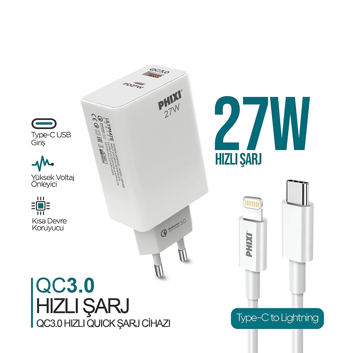 PHİXİ ULTİMATE UPD4225L 27W PD ÇİFT ÇIKIŞLI LIGHTNING HIZLI ŞARJ ADAPTÖRÜ