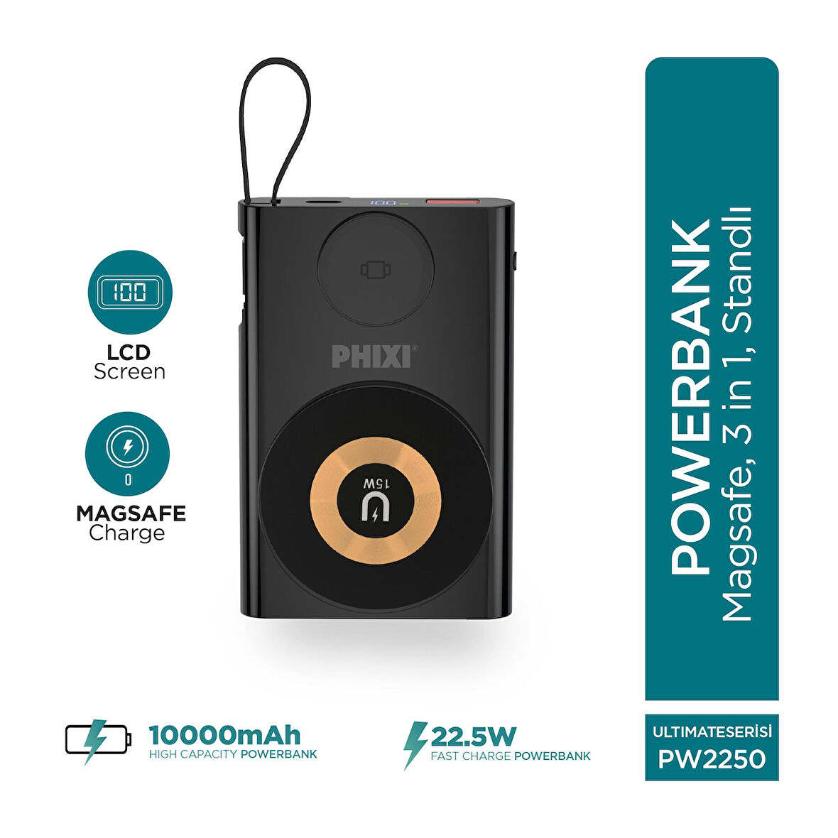 Phixi Ultimate PW2250 10000mAh 22.5W Kendinden Kablolu MagSafe Powerbank + Watch + Stand - Kablosuz  Şarj Cihazı - 1 PD  1 USB Port - Dijital Ekran - Taşınabilir Şarj Cihazı