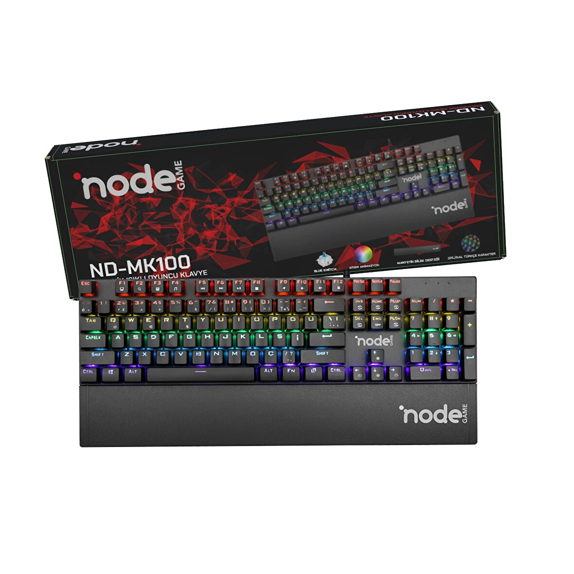 Node Game ND-MK100 Rainbow Aydınlatmalı Oyuncu Gamer Gerçek Mekanik Işıklı Klavye Türkçe Q (Blue Switch)