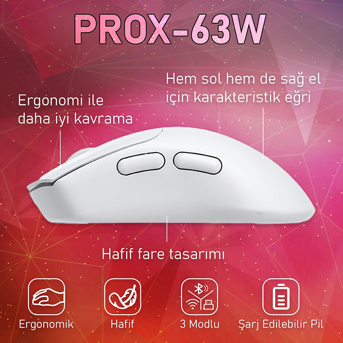 Gameagle PROX-63W Serisi Hafif Kablosuz 3 Mode Oyuncu Gaming Optik Mouse (Beyaz)