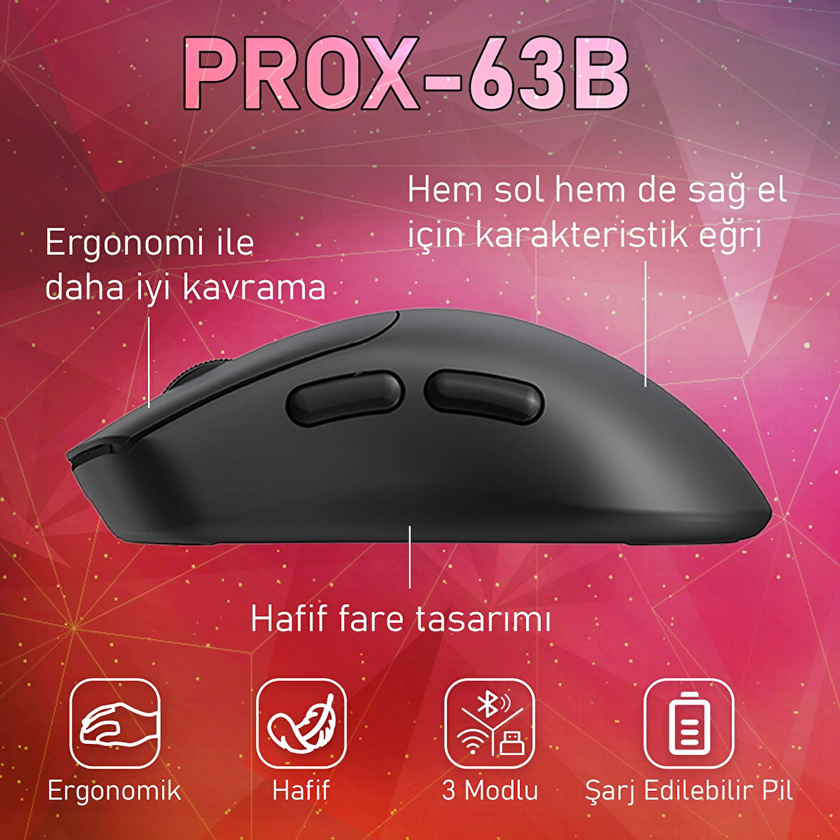 Gameagle PROX-63B Serisi Hafif Kablosuz 3 Mode Oyuncu Gaming Optik Mouse (Siyah)