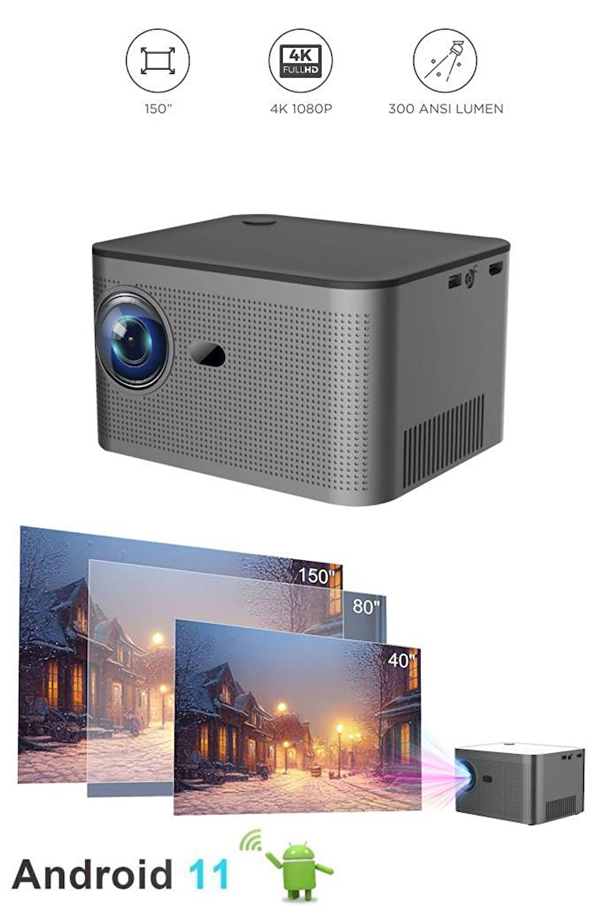 Torima  HY350 Gri Taşınabilir Sinema Projektörü 4K 1080P Ev Sineması Bluetooth Android Akıllı Projeksiyon Wifi
