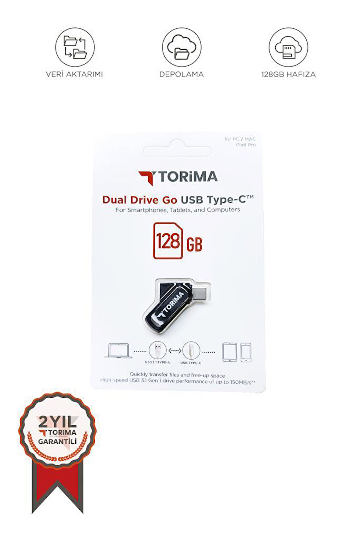Torima Siyah 128GB Çift Sürücülü USB-TYPE-C OTG
