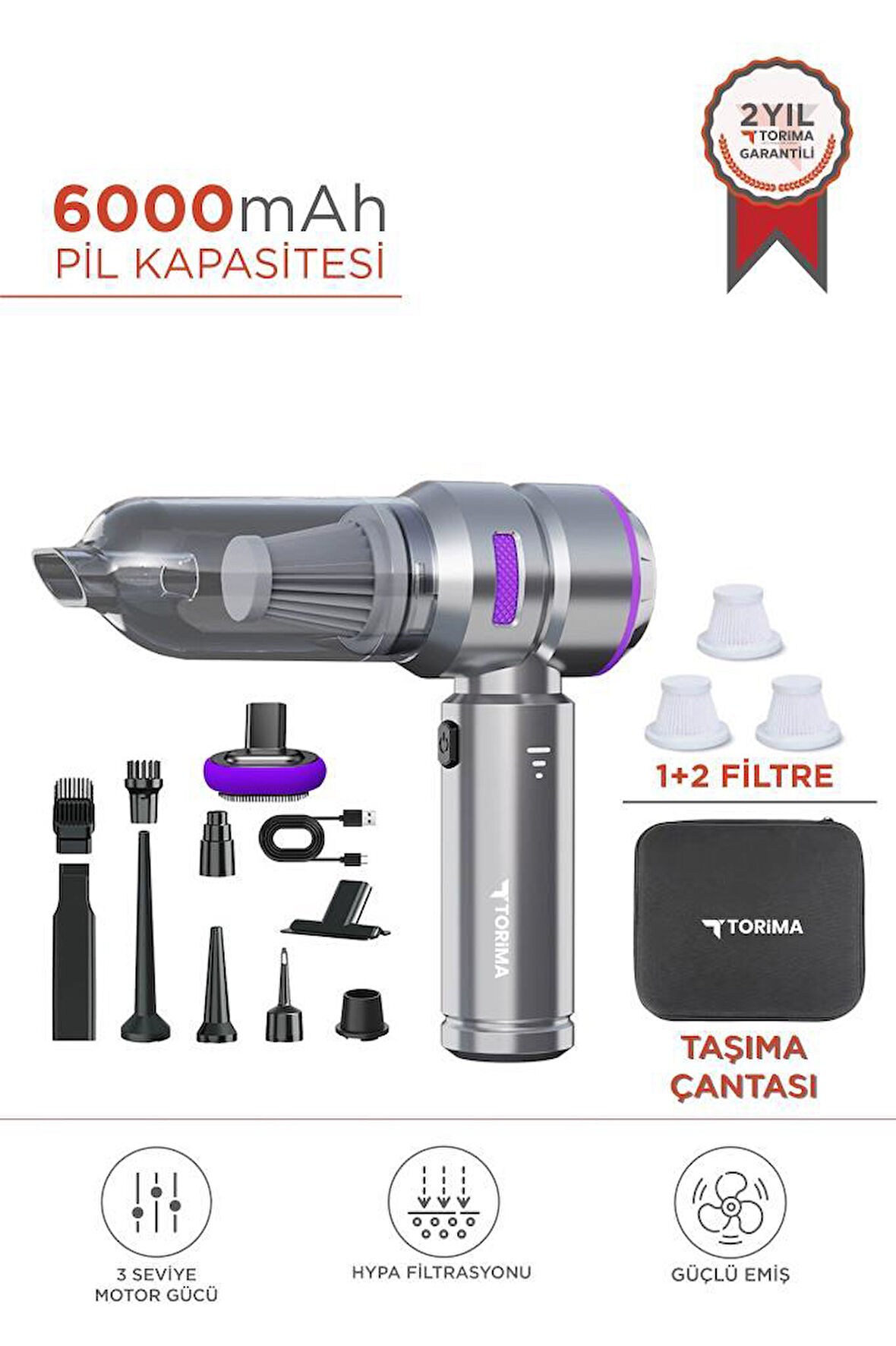 Torima HL-121 Mor 4IN1 Şarjlı Araç Mini EL Süpürgesi